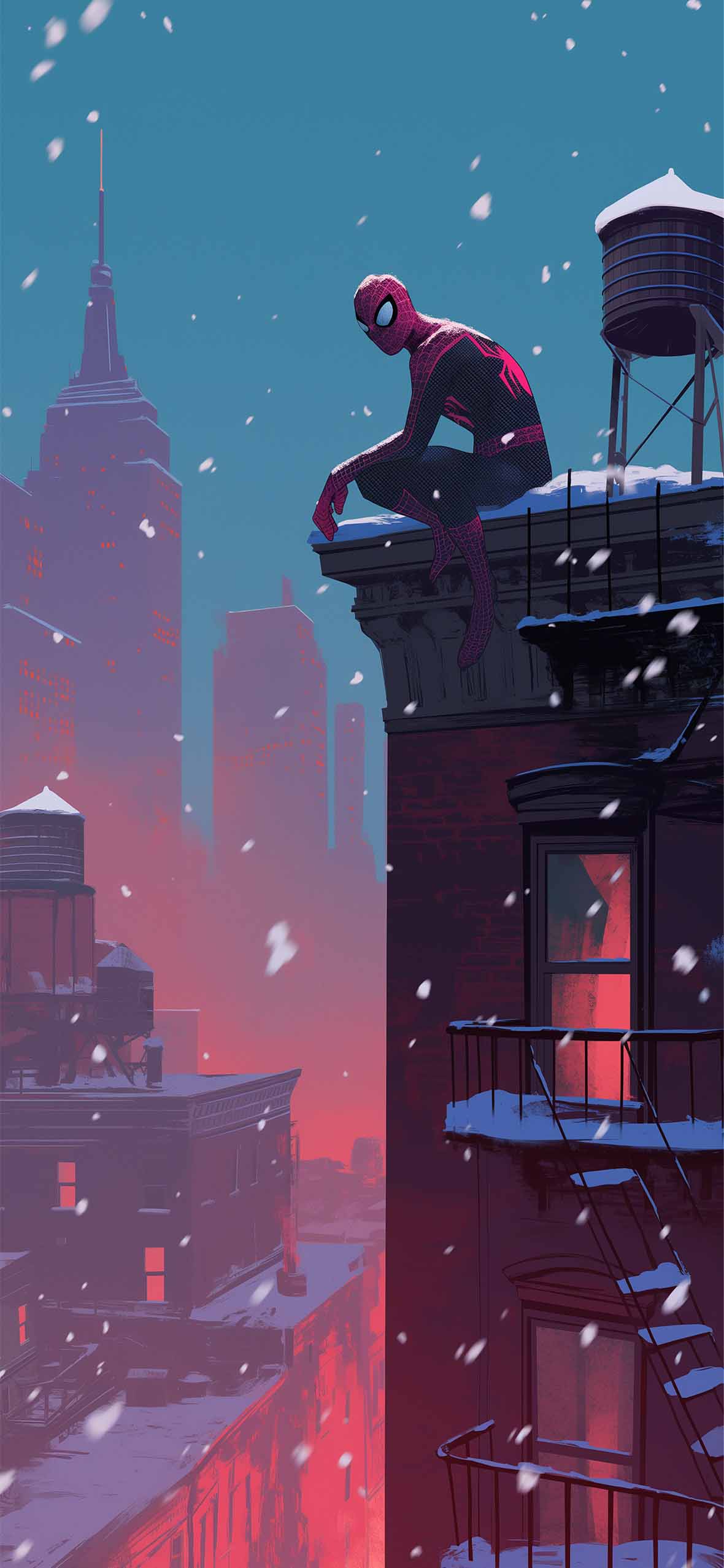 1180x2554 Spider Man Winter City Rooftop Wallpaper Wallpaper HD