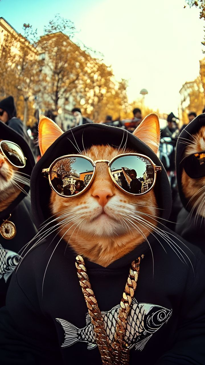 720x1280 free 4K wallpaper cat, red, glasses, hood, hoodie, selfie, street, art, ai, cats by ???ℯℯ? ℳℴ?ℯ?