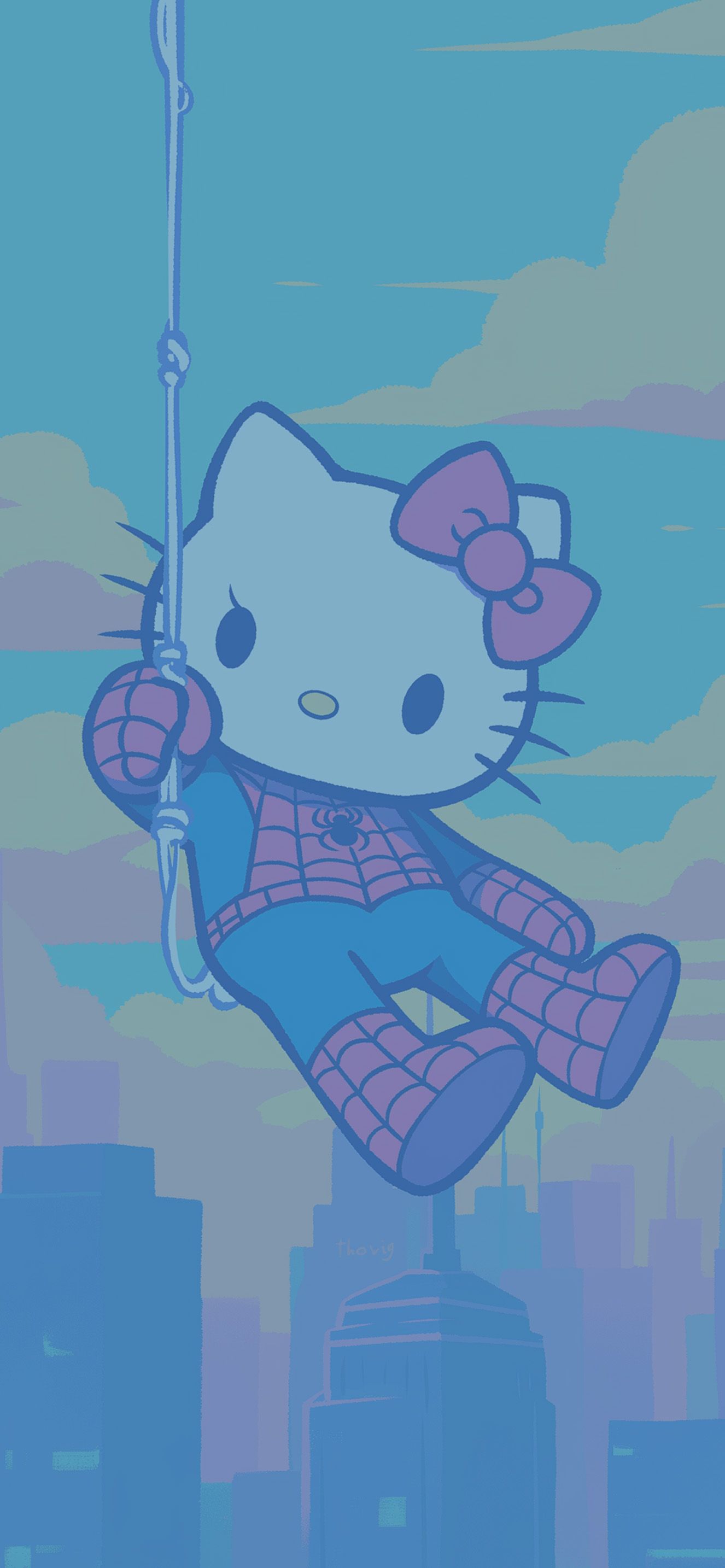 1326x2868 Hello Kitty X Spider Man Swinging City Mashup Wallpaper IPhone