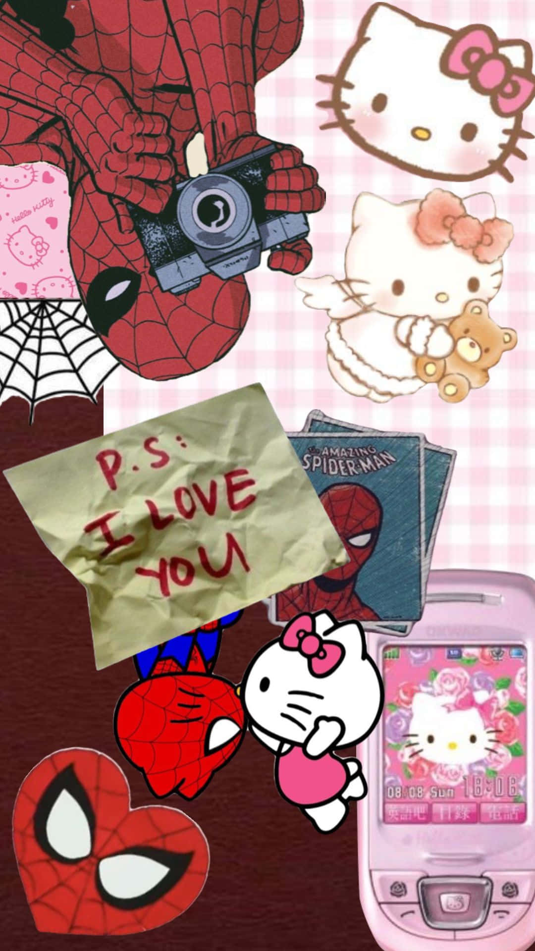 1080x1920 Hello Kitty And Spiderman Wallpaper