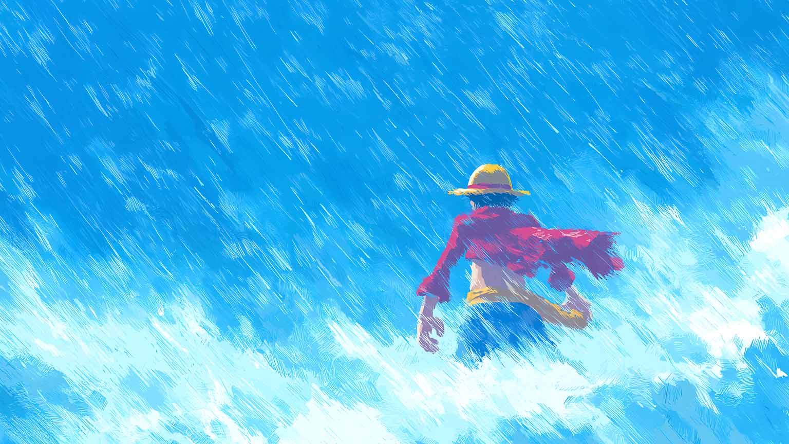 1536x864 One Piece Luffy Walking in the Stormy Ocean Desktop Wallpaper