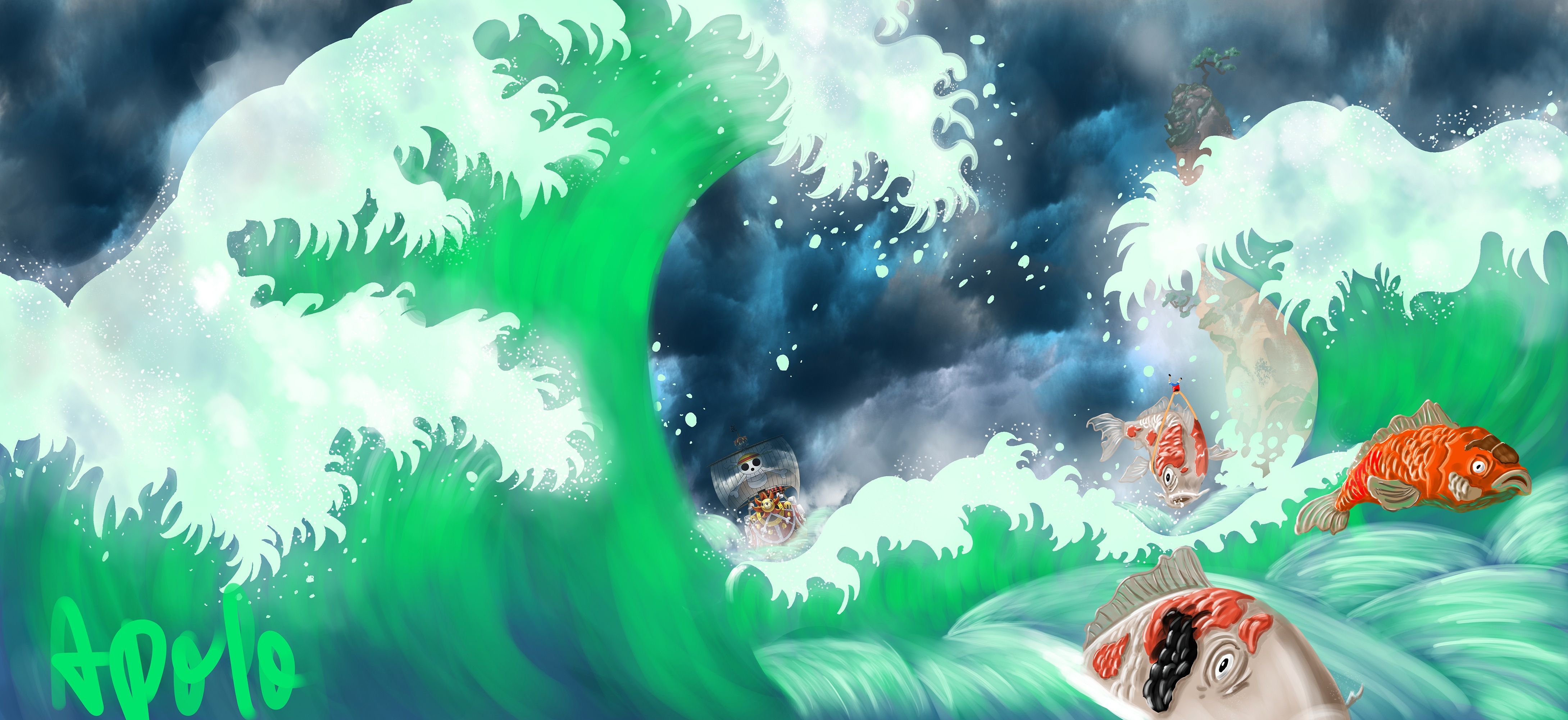 4359x2000 Desktop wallpaper: Anime, One Piece, Fish, Ocean, Ship, Wave 4K free download for PC. 463607