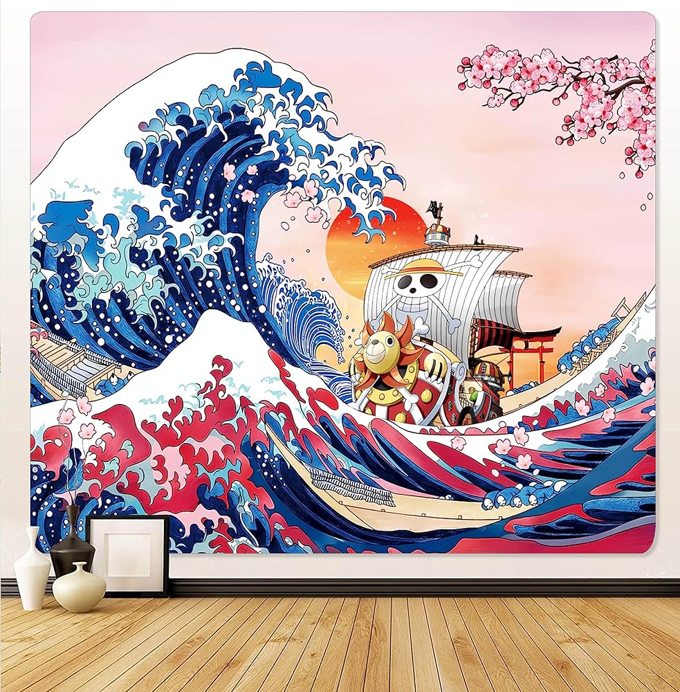983x1000 Going Merry Ship One Piece Anime Tapestry Japanese Ocean Wave Wall Decor Cherry Sunset Canvas Mountain Hanging Kanagawa Mural For Living Room Bedroom Decorations 59x51 In: Buy Online at Best Price in