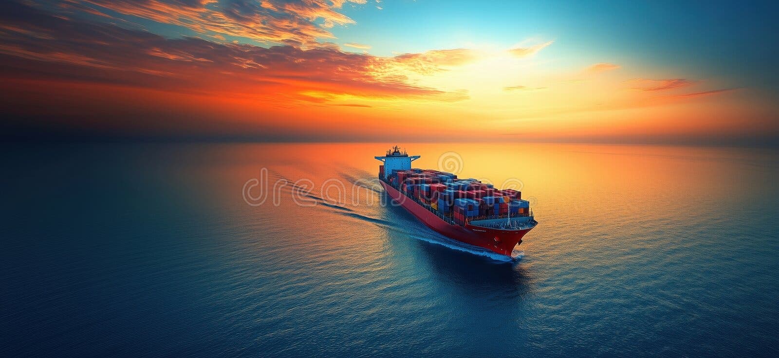 1600x736 Container Ship Sailing Sunset Over Calm Ocean Waters Vibrant Colors & Royalty Free From Dreamstime