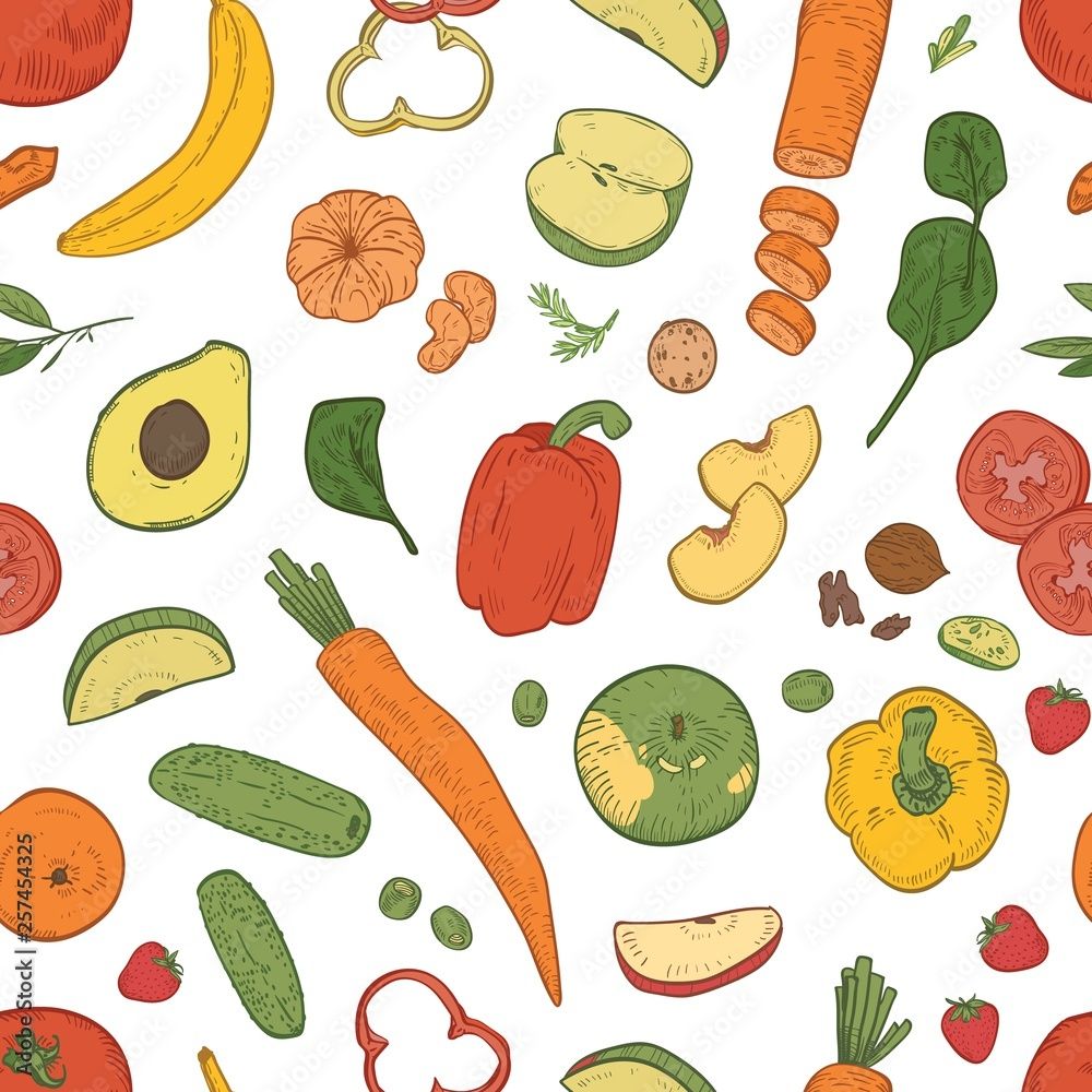 1000x1000 Elegant seamless pattern with healthy nutrition, fresh dietary food, eco natural organic fruits, berries and vegetables on white background. Realistic vector illustration for wallpaper, fabric print. Stock Vector