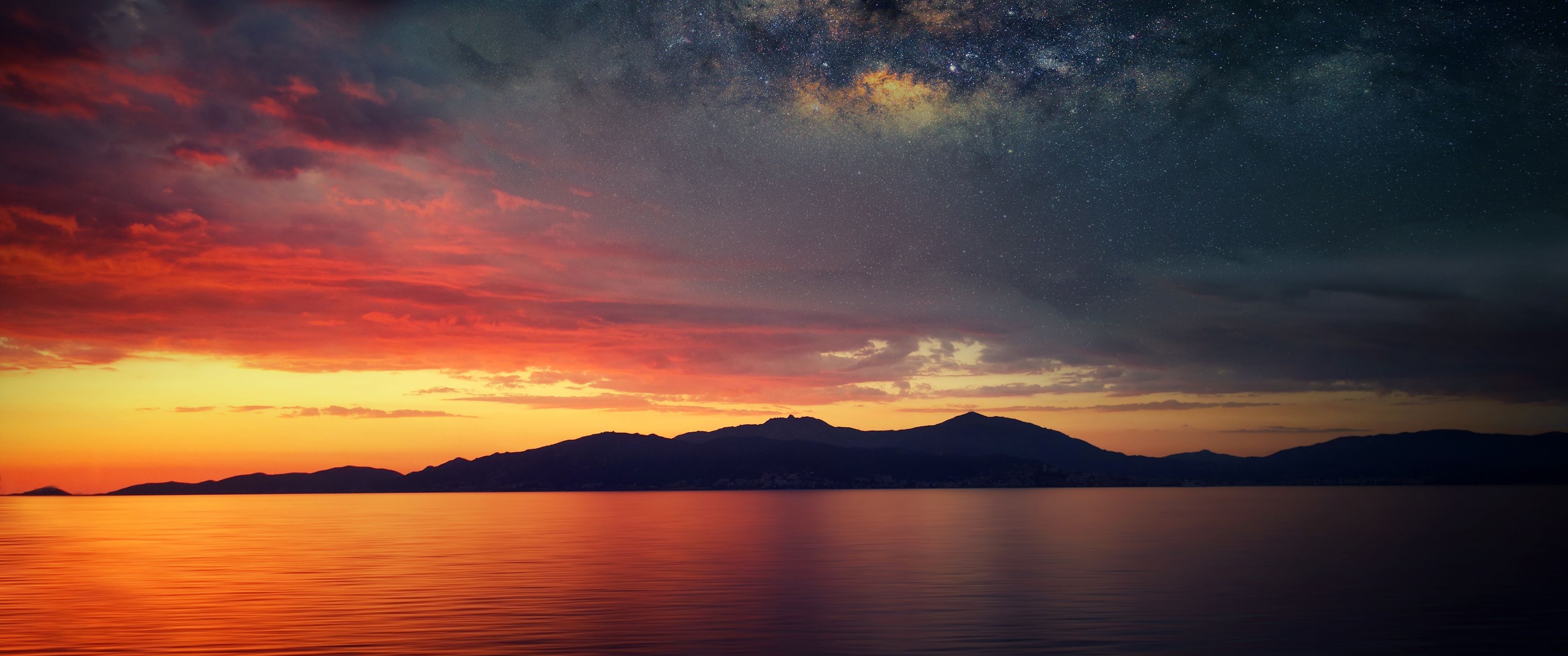 3440x1440 Corsica Island Wallpaper 4K, Sunset Orange, Silhouette