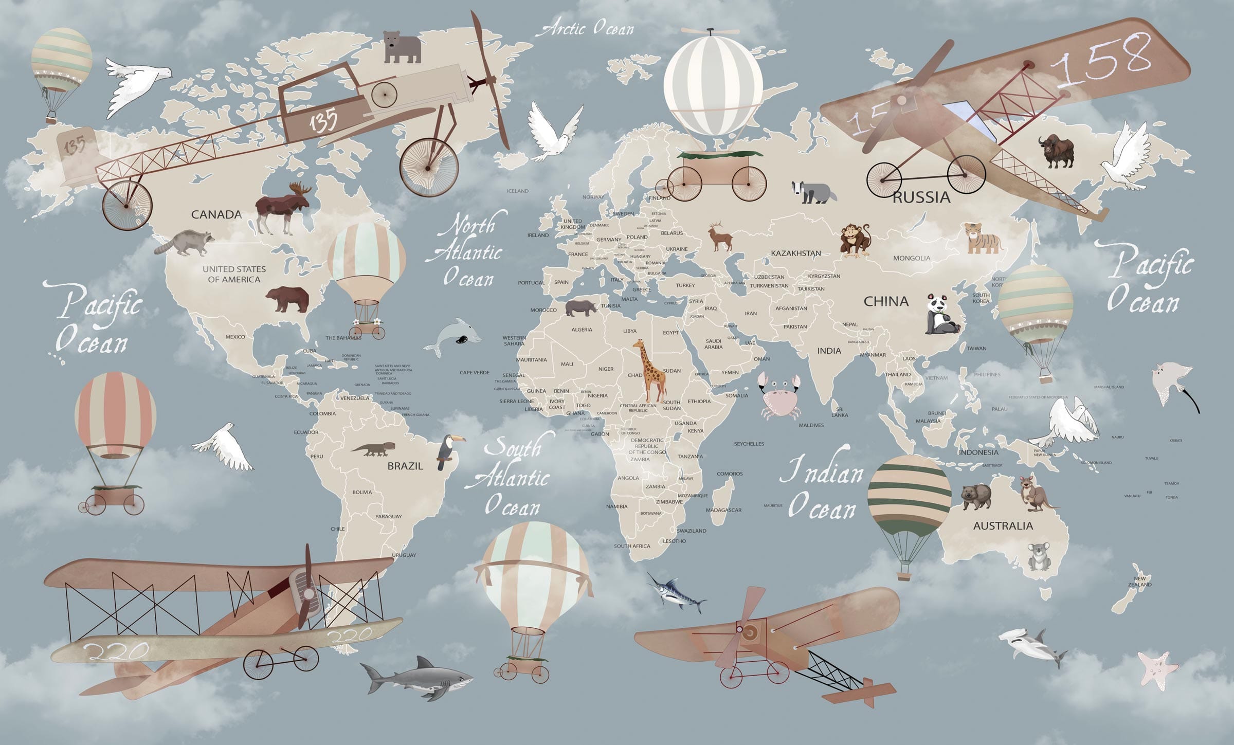 2400x1449 Kids room wallpaper. Vintage world map with animals, hot Air balloons, and retro planes