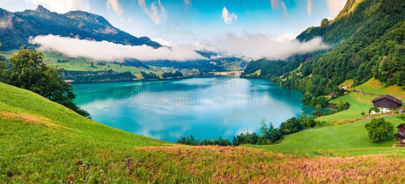 800x364 Foggy Summer Panorama of Lungerersee Lake. Colorful Morning View of Swiss Alps, Lungern Village Location, Switzerland, Europe of green, amazing: 131220530