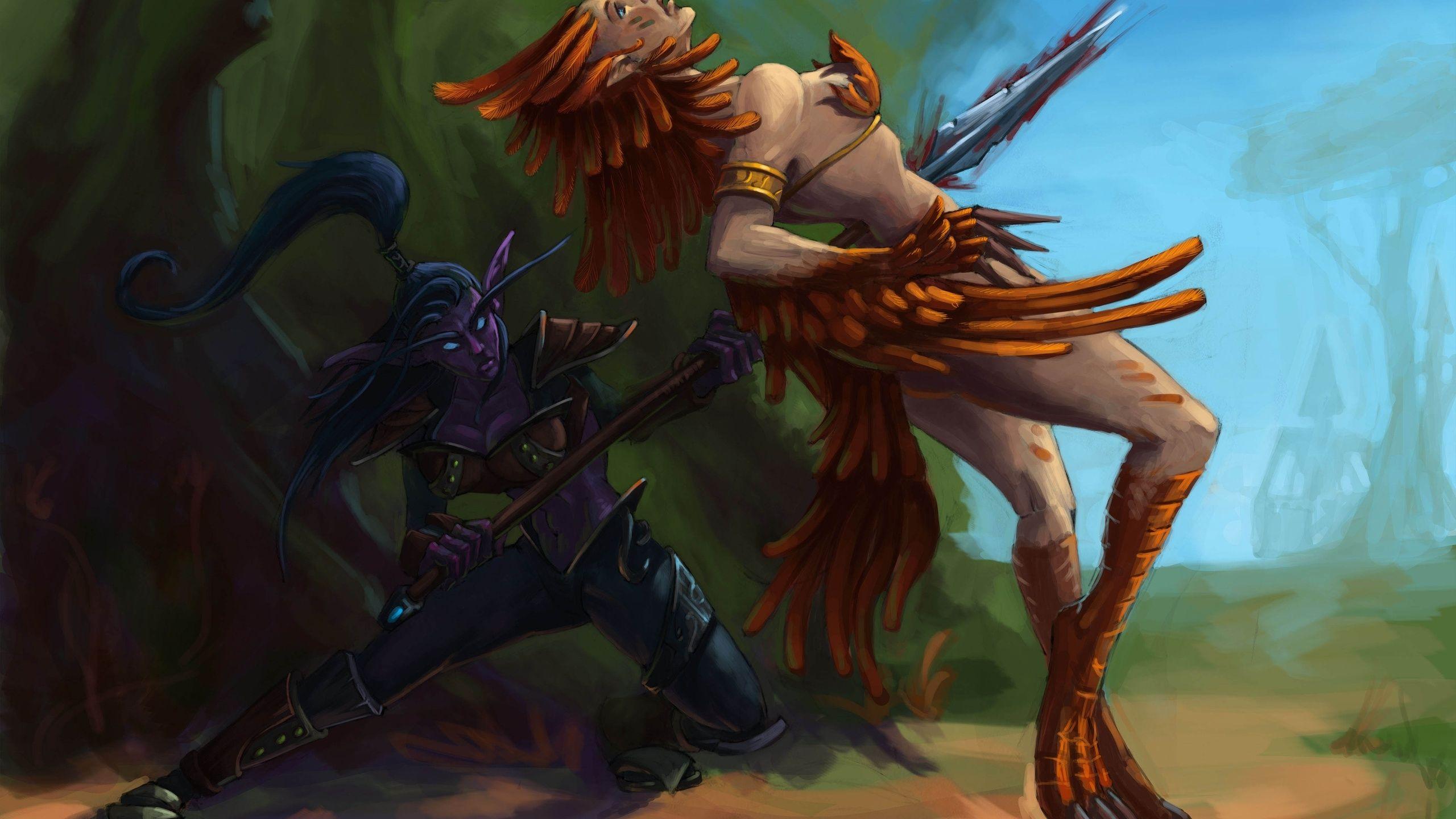 2560x1440 Forest, Wow, Night Elf, Elf, Spear, World Of Warcraft