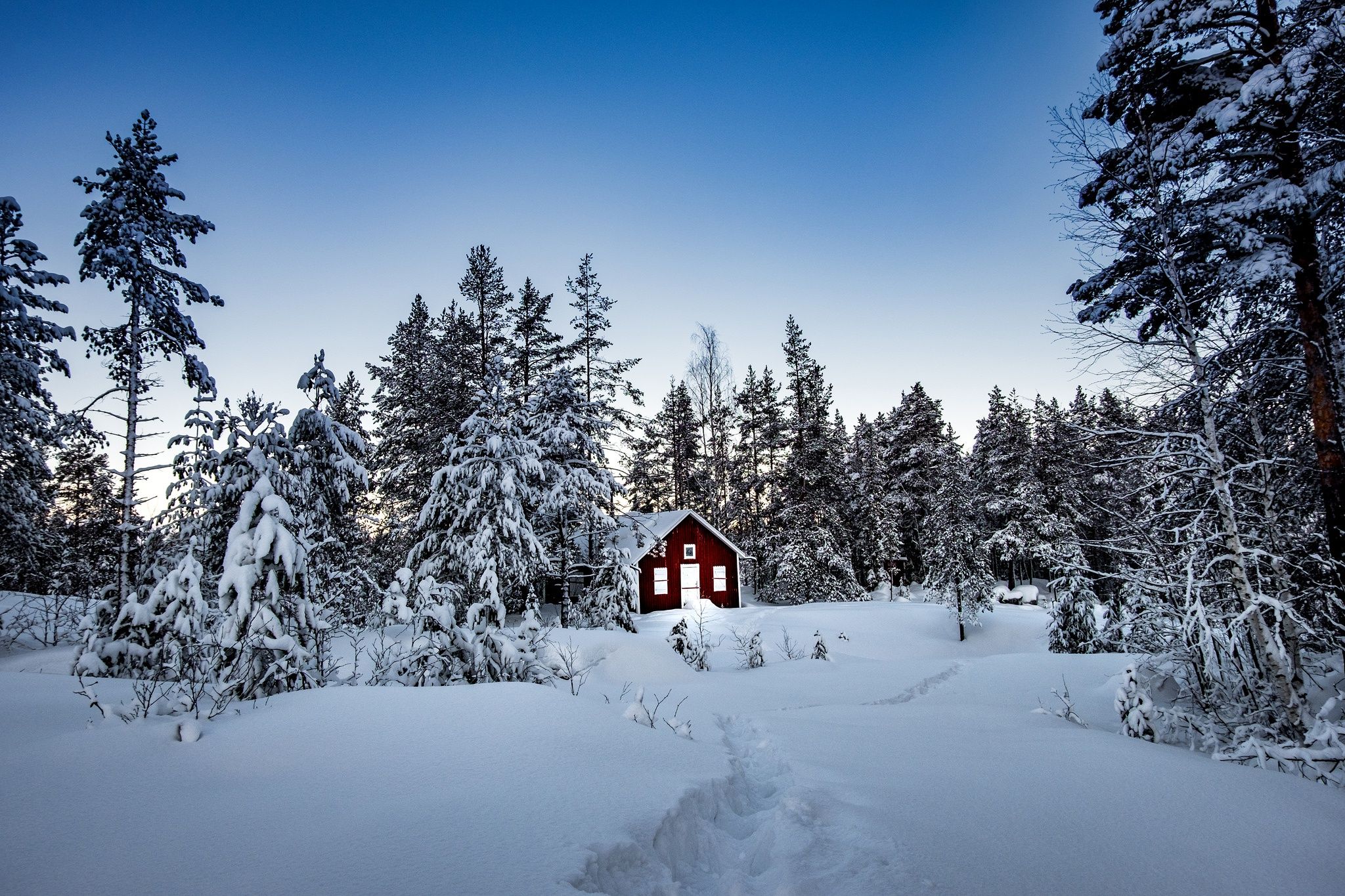 2048x1365 Wallpaper winter, forest, snow, trees, house, Sweden, Sweden, Storforsen Nature Reserve for mobile and desktop, section пейзажи, resolution 2048x1365