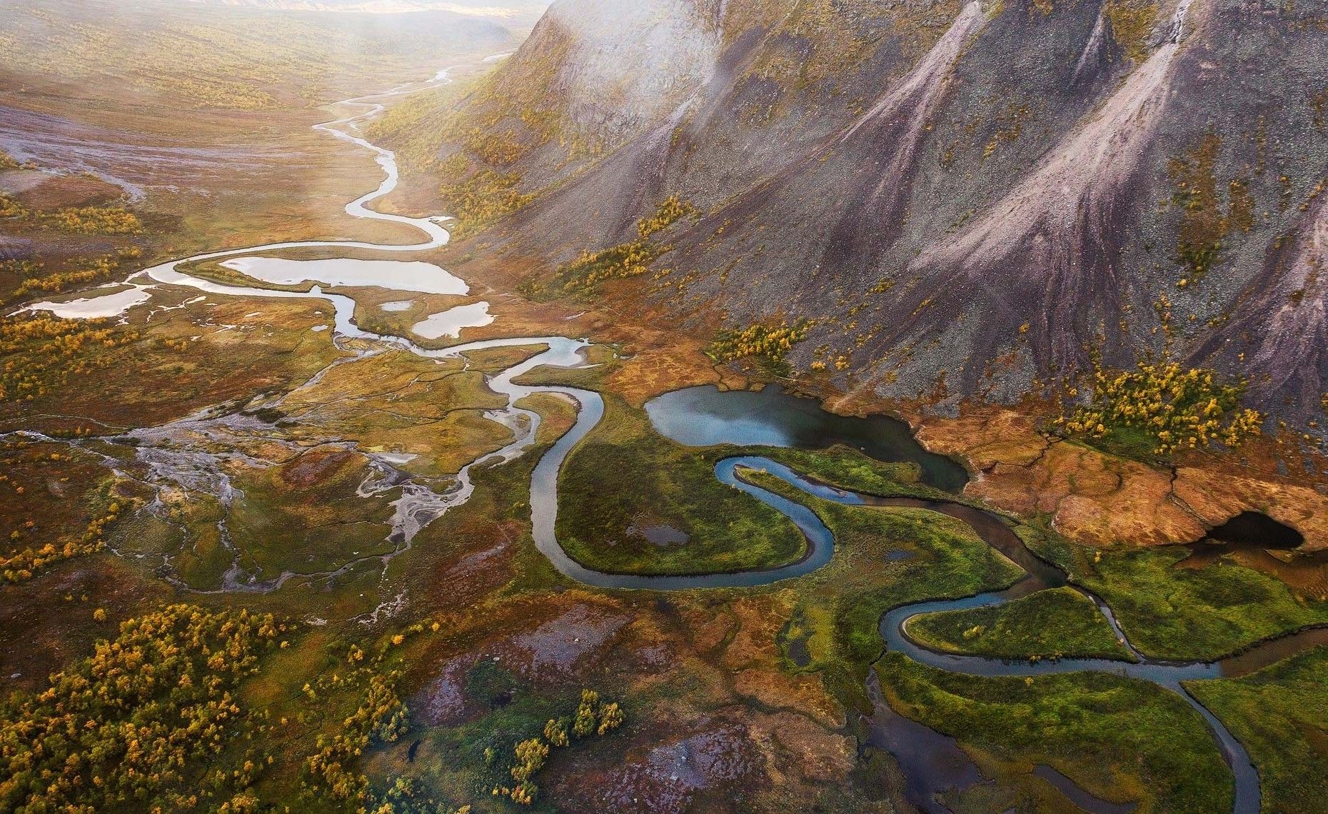 1860x1140 landscape, Nature, River, Mountain, Fall, Sunlight, Trees, Mist, Sweden, Aerial View Wallpaper HD / Desktop and Mobile Background