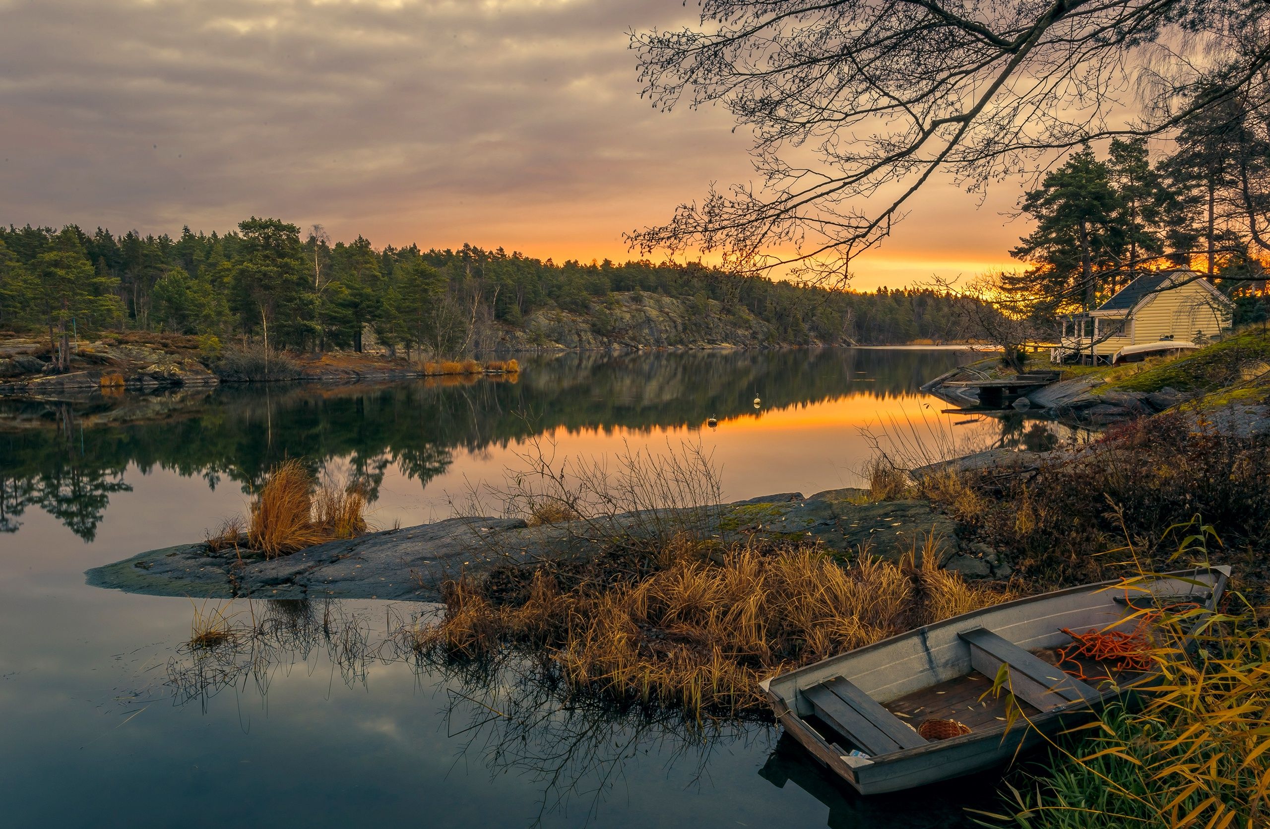 2560x1671 Wallpaper autumn, forest, trees, sunset, river, stones, shore, boat for mobile and desktop, section природа, resolution 2560x1671