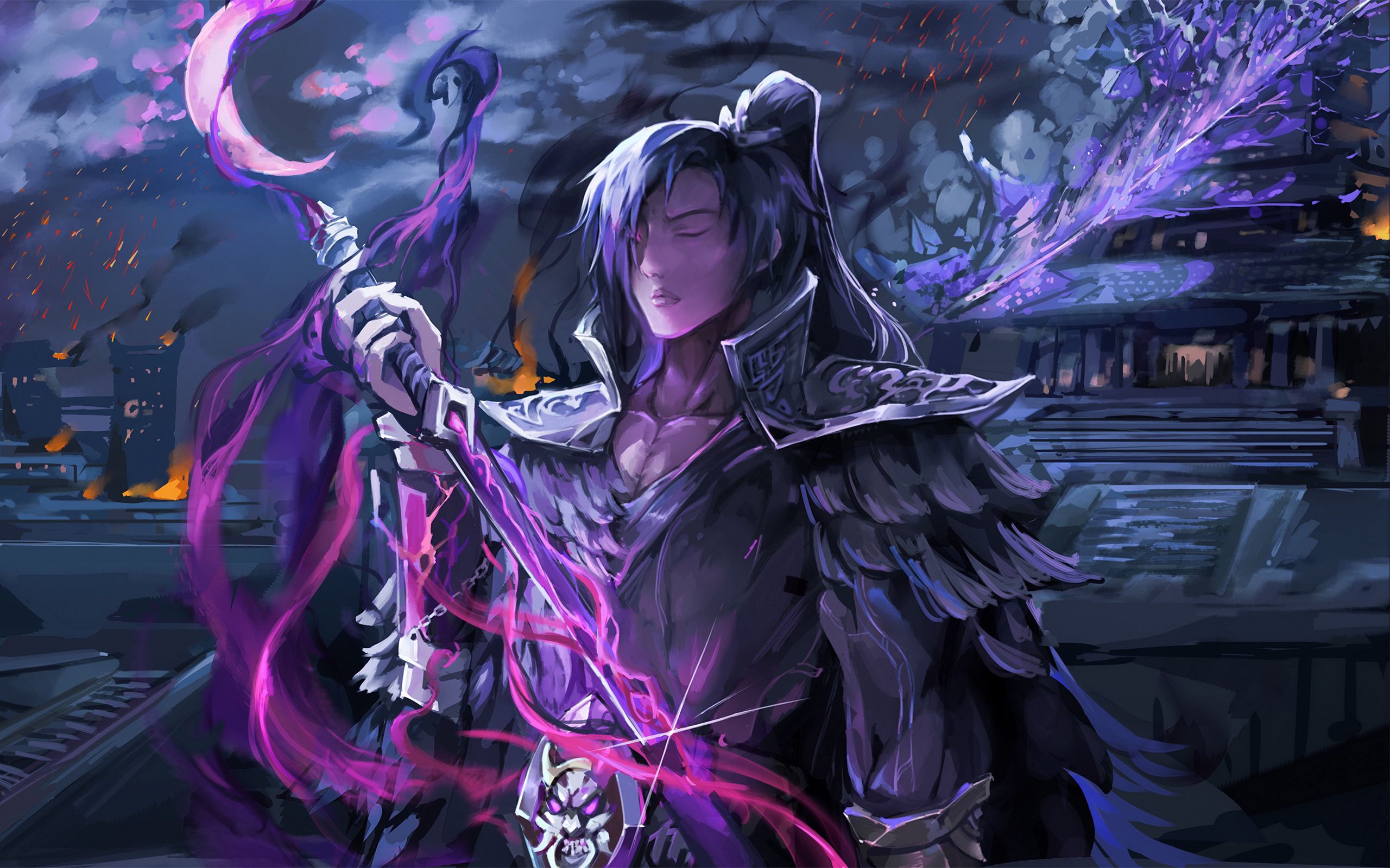 2560x1600 Download wallpaper 2560x1600 samurai, staff, anime, art, purple widescreen 16:10 HD background
