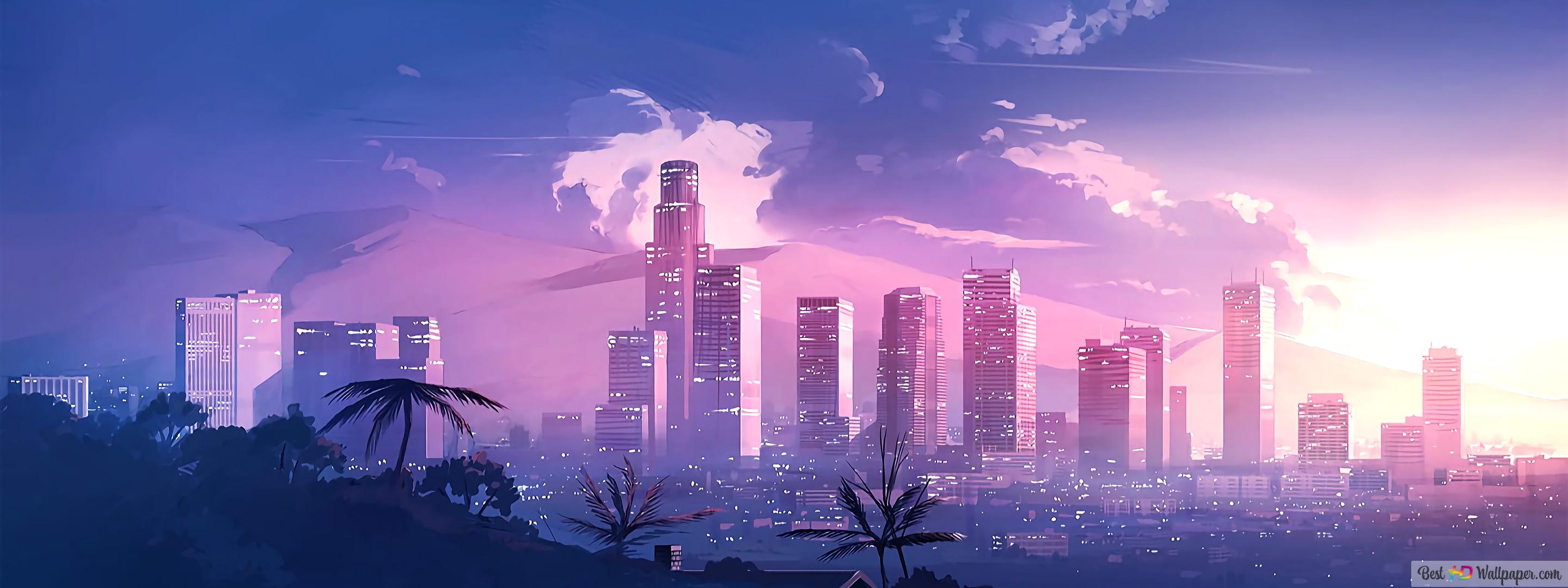 2880x1080 Los Angeles Digital Art 4K wallpaper download