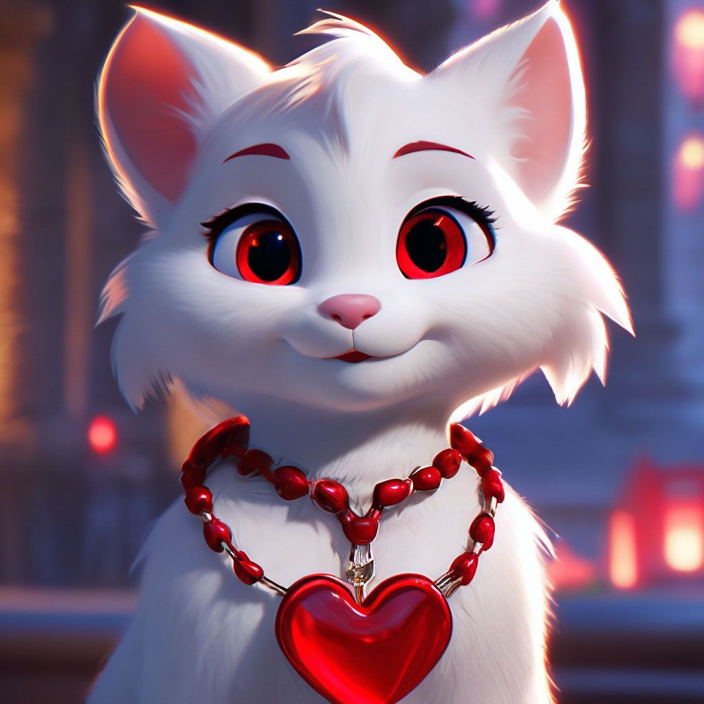 1024x1024 Disney is a white cat with red eyes and a red heart necklace