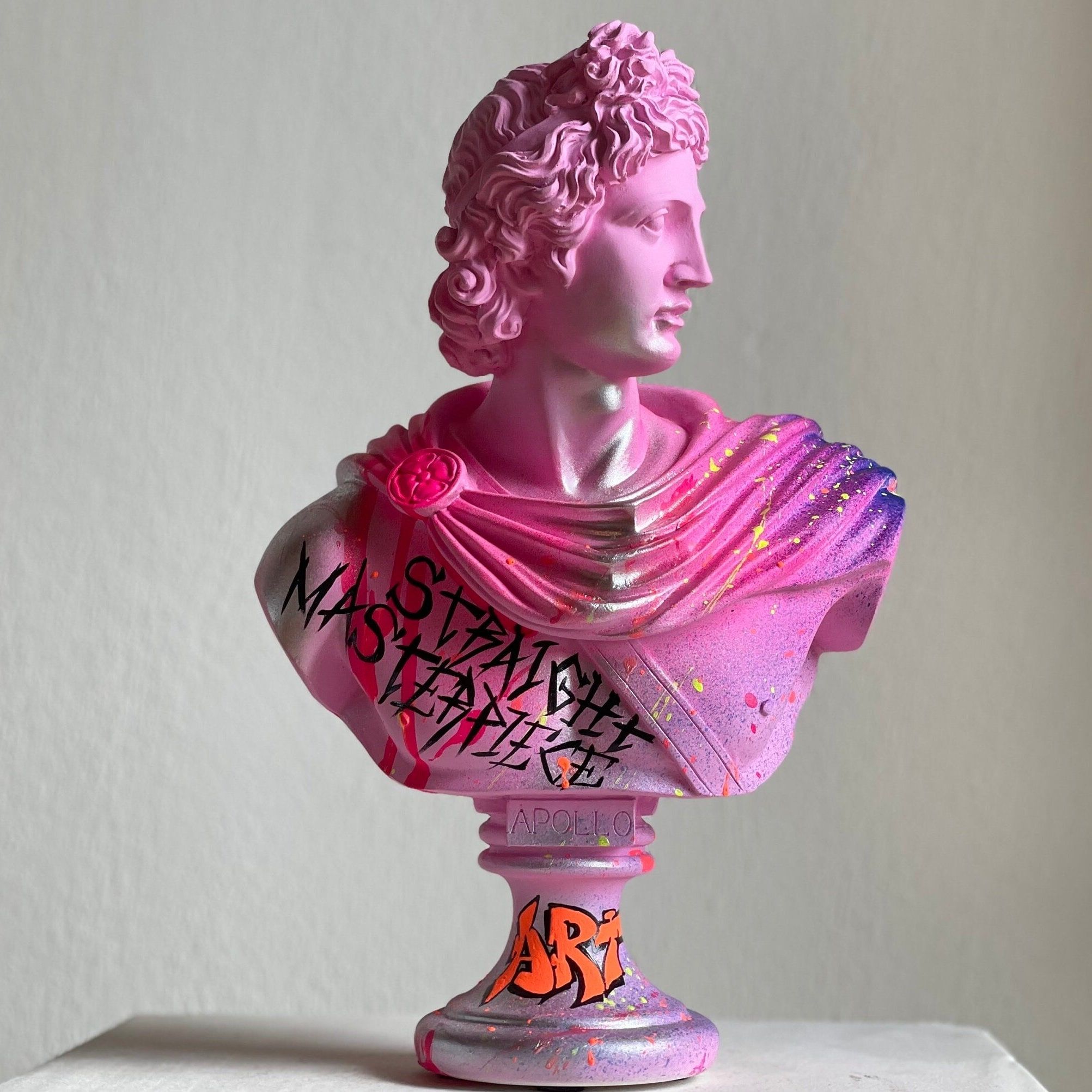 2005x2005 Hand Painted Pink Apollo Statue: Graffiti Ombré Resin Sculpture