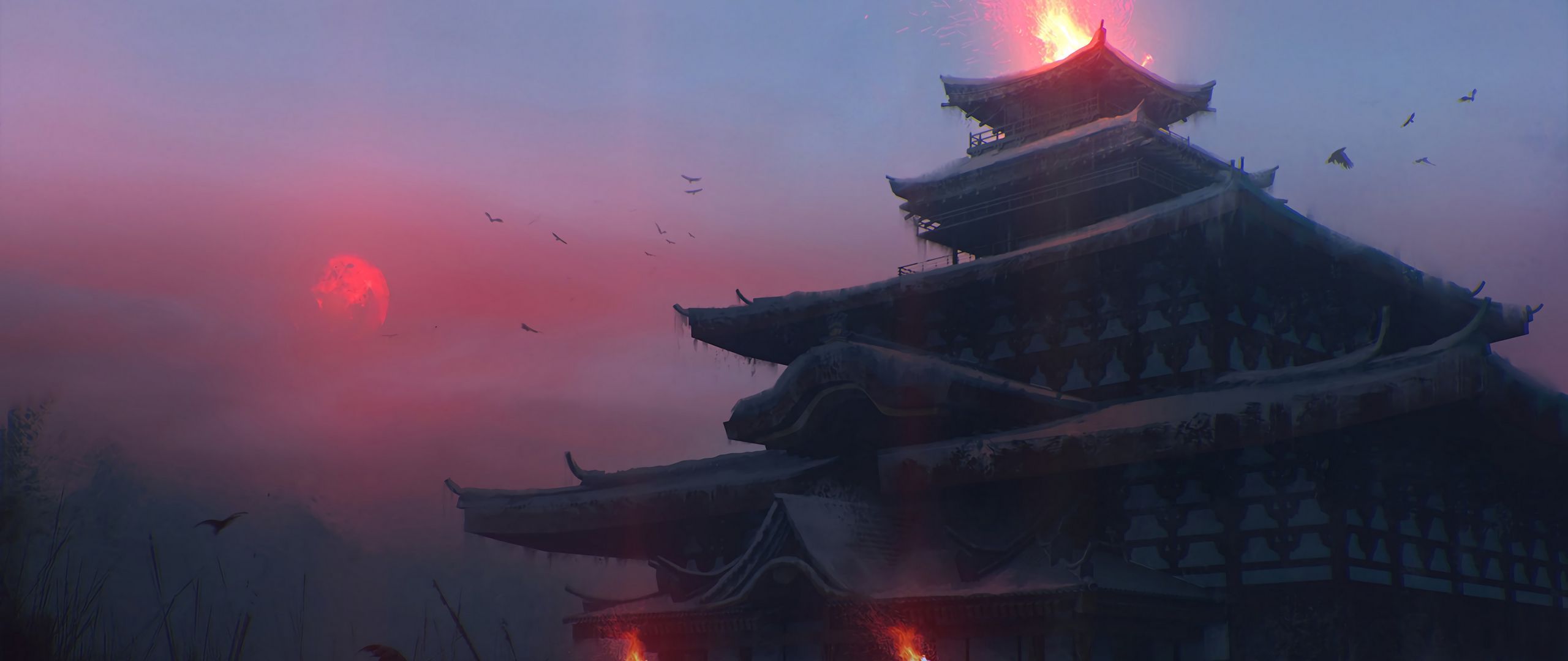 2560x1080 Download wallpaper 2560x1080 pagoda, temple, castle, japanese temple, fantasy, art dual wide 1080p HD background