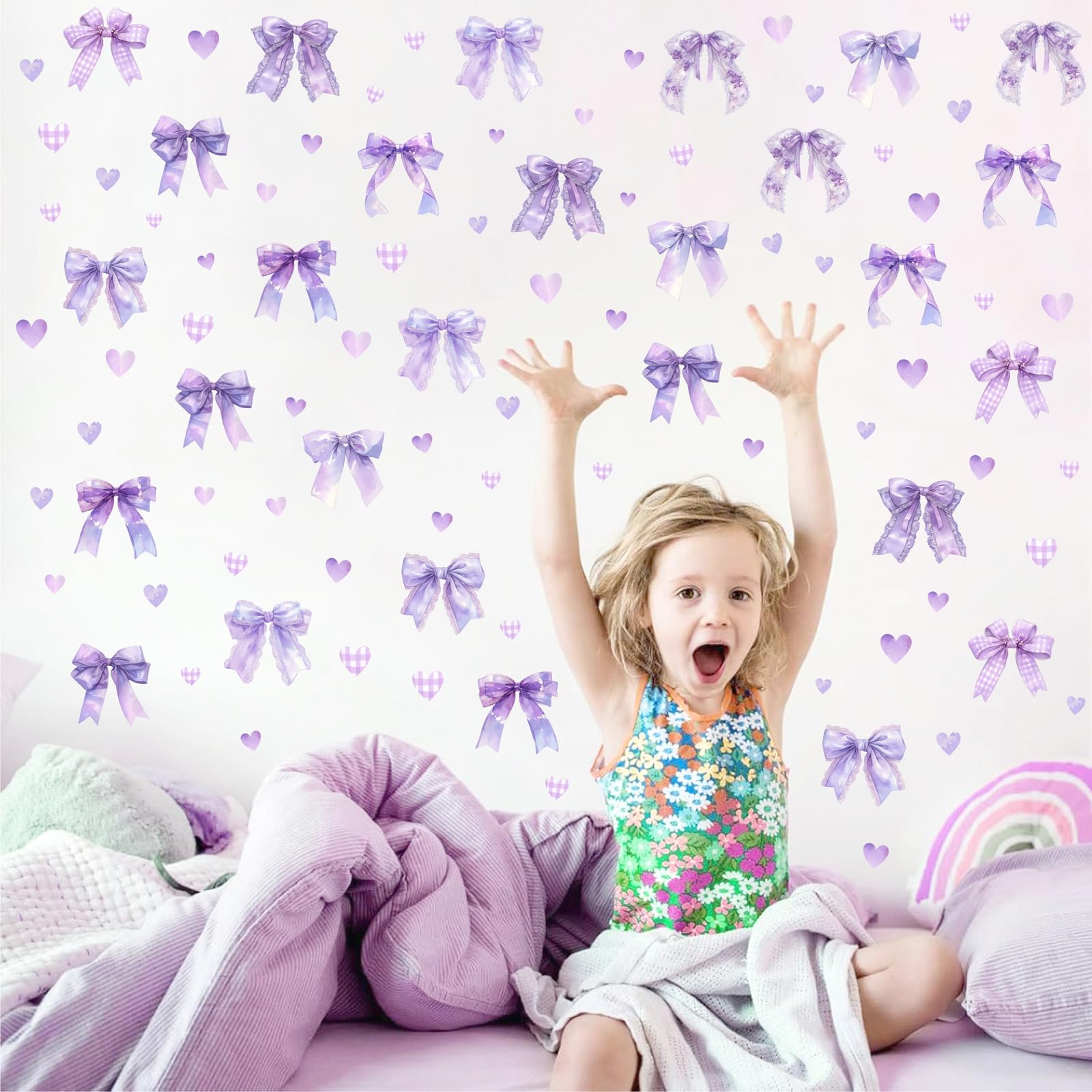 1600x1600 Pcs Watercolor Girls Room Wall Decals Bow Sticker Decor Purple Love Heart Walls Stickers Bow Knot Crafts Decal DIY Coquette Vinyl Wallpaper for Nursery Baby Bedroom Birthday Party Decoration Gifts