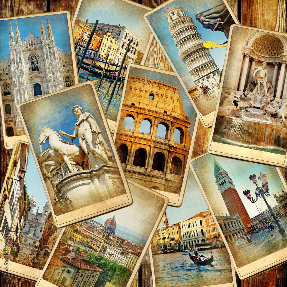 1000x1000 Vintage Italy travel scrapbook collage. Retro background with Rome Colosseum, Trevi Fountain, Florence, Venice canals and Leaning Tower of Pisa on aged paper. Stock Illustration