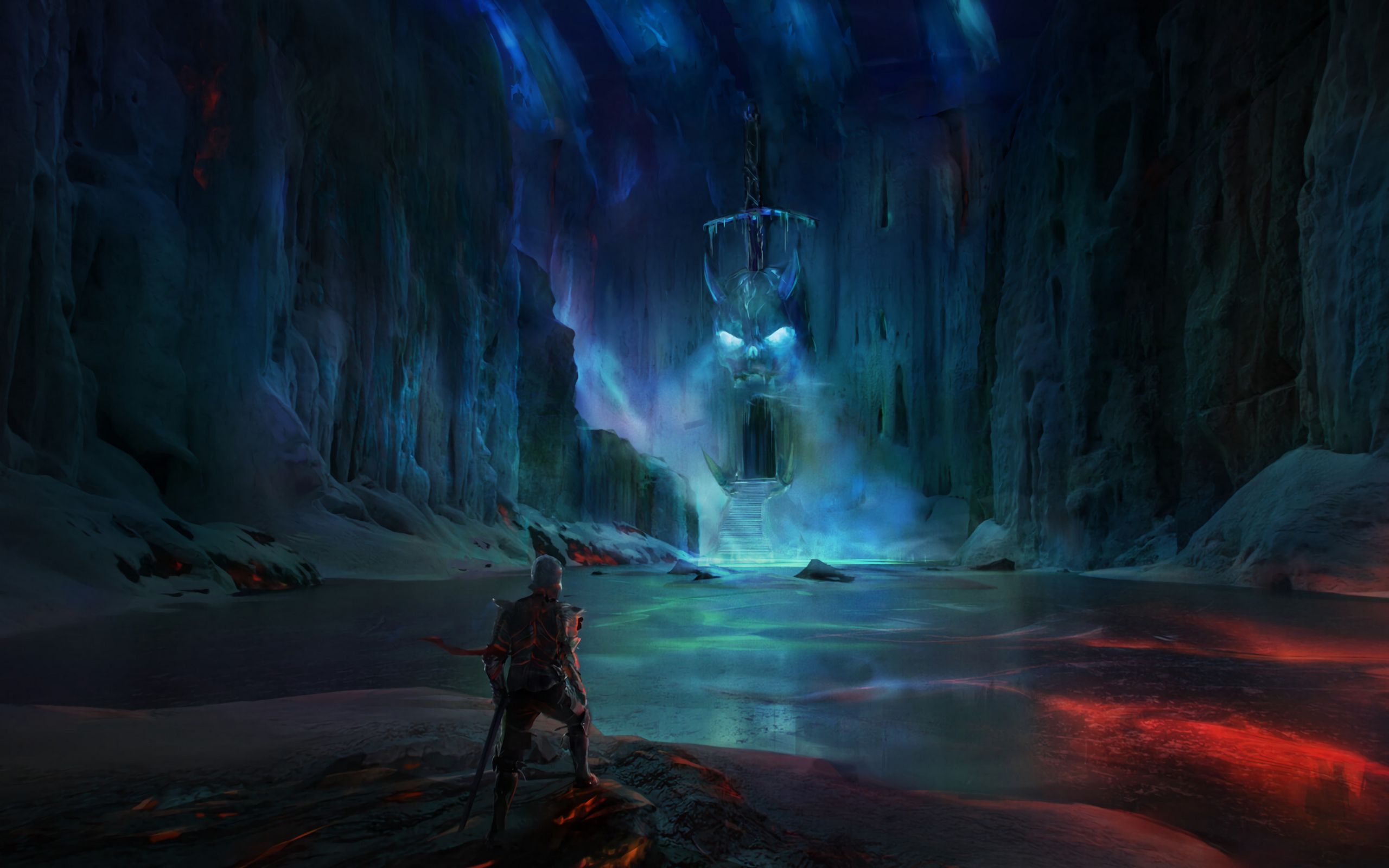 2560x1600 Download wallpaper 2560x1600 knight, lake, cave, castle, scary, fantasy, art widescreen 16:10 HD background