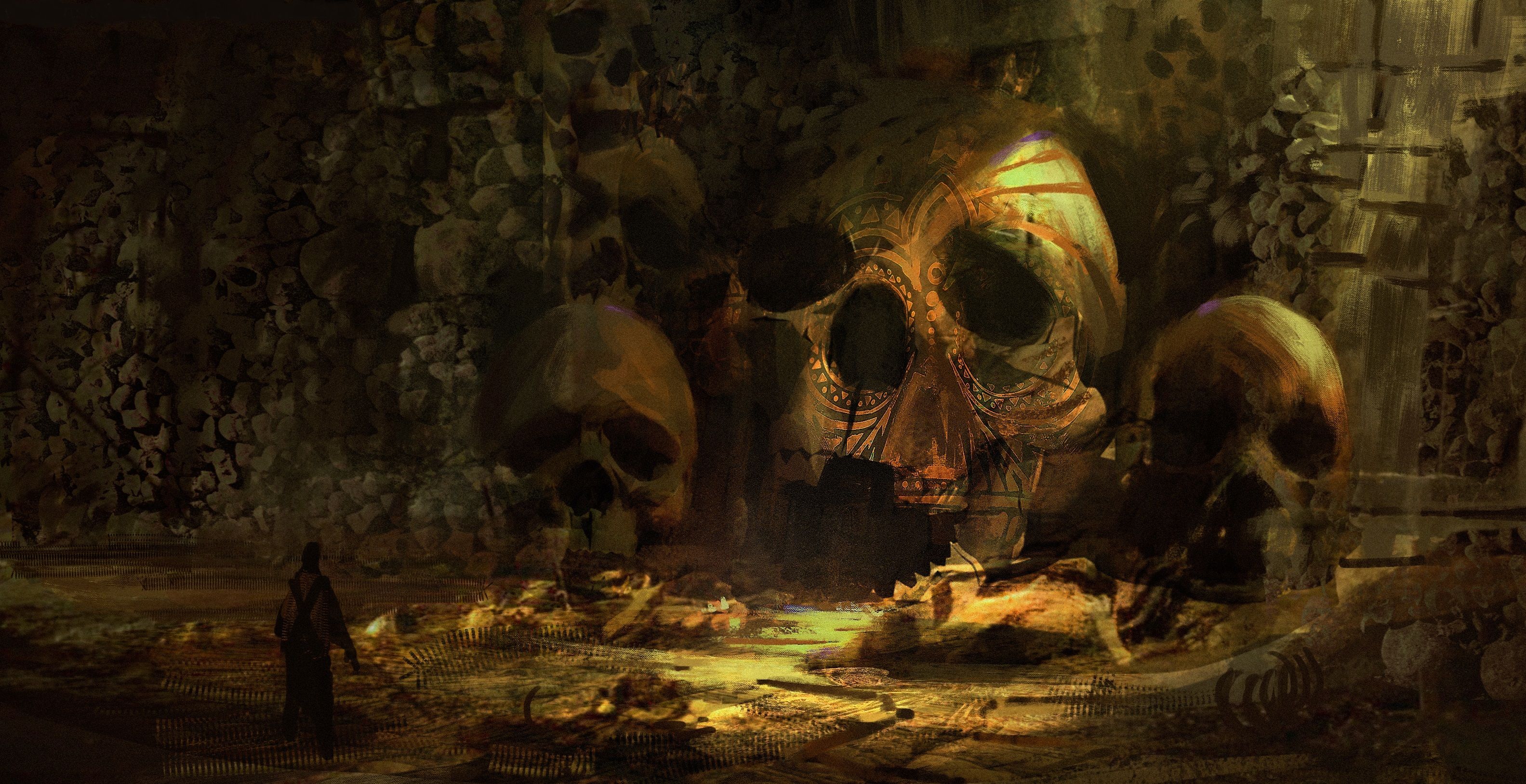 3167x1629 Dark Fantasy Skull Warrior: Epic HD Wallpaper of the Haunted Battleground by Tomas O. Muirx1629