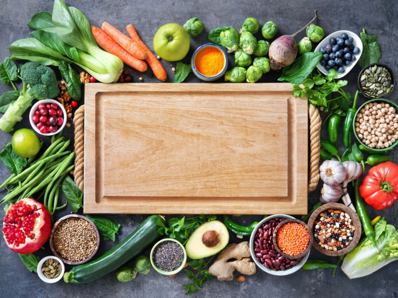 1600x1200 Download A Cutting Board With Vegetables And Fruits On It