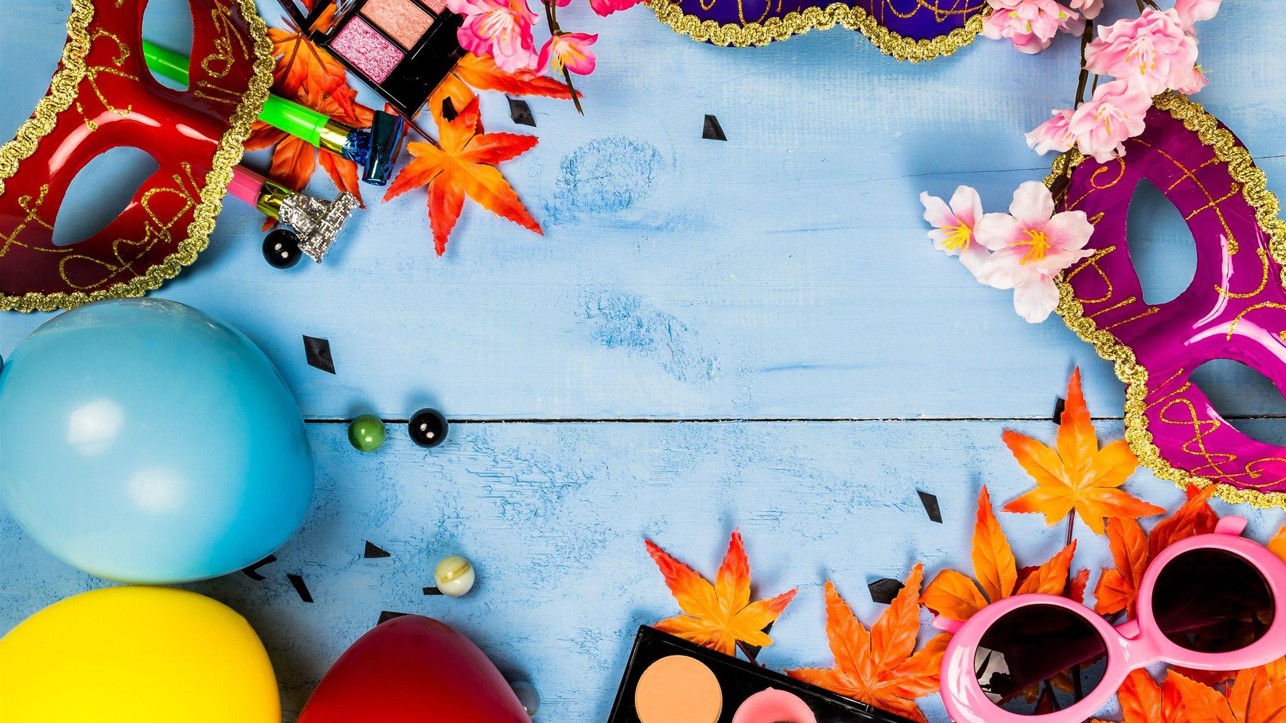2560x1440 Wallpaper Colorful eggs, maple leaves, mask, makeup 2880x1800 HD