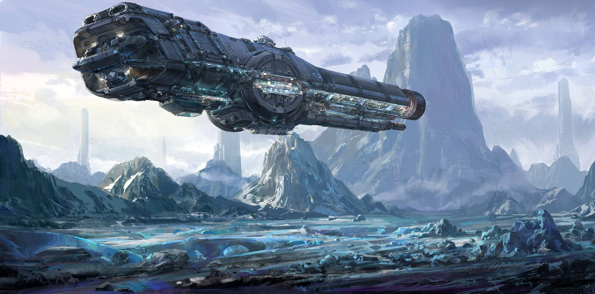 1920x950 Download Sci Fi Spaceship In The Mountains Wallpaper