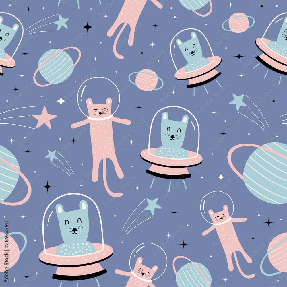 1000x1000 Cute cats seamless pattern with funny alien in space theme. Stars, planet, and meteor during the night. Background nursery for kids and baby fashion textile print. Adventure children drawing colorful Stock Vector