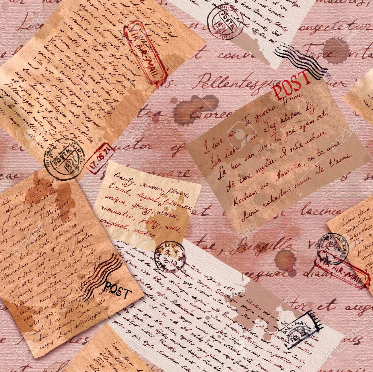 1300x1297 Vintage Old Paper With Hand Written Letters And Postal Stamps. Repeating Wallpaper For Interior Design , Picture and Royalty Free Image. Image 129170861