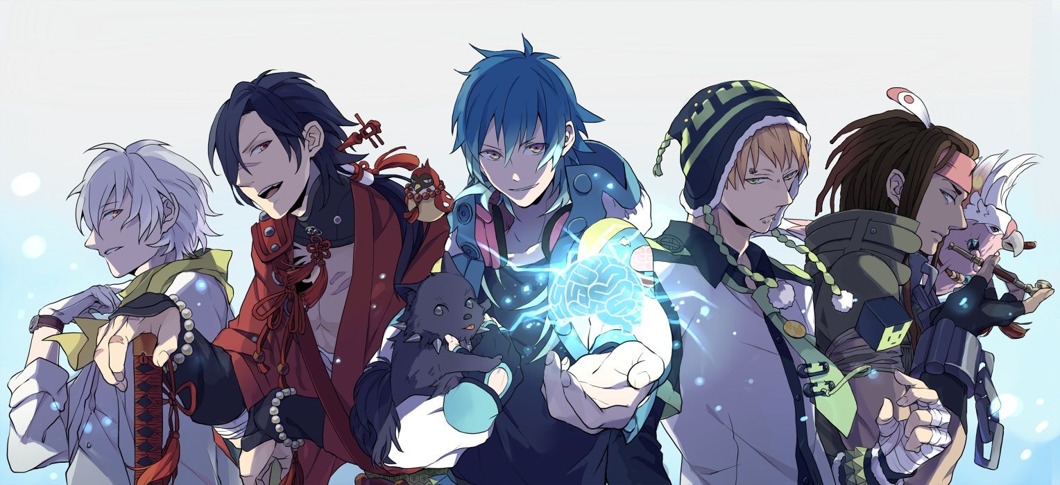 1528x700 all male animal bird clear (dramatical murder) dog dramatical murder group hat koujaku (dramatical murder) male mink (dramatical murder) noiz (dramatical murder) ren (dramatical murder) seragaki aoba sword tigira weapon.