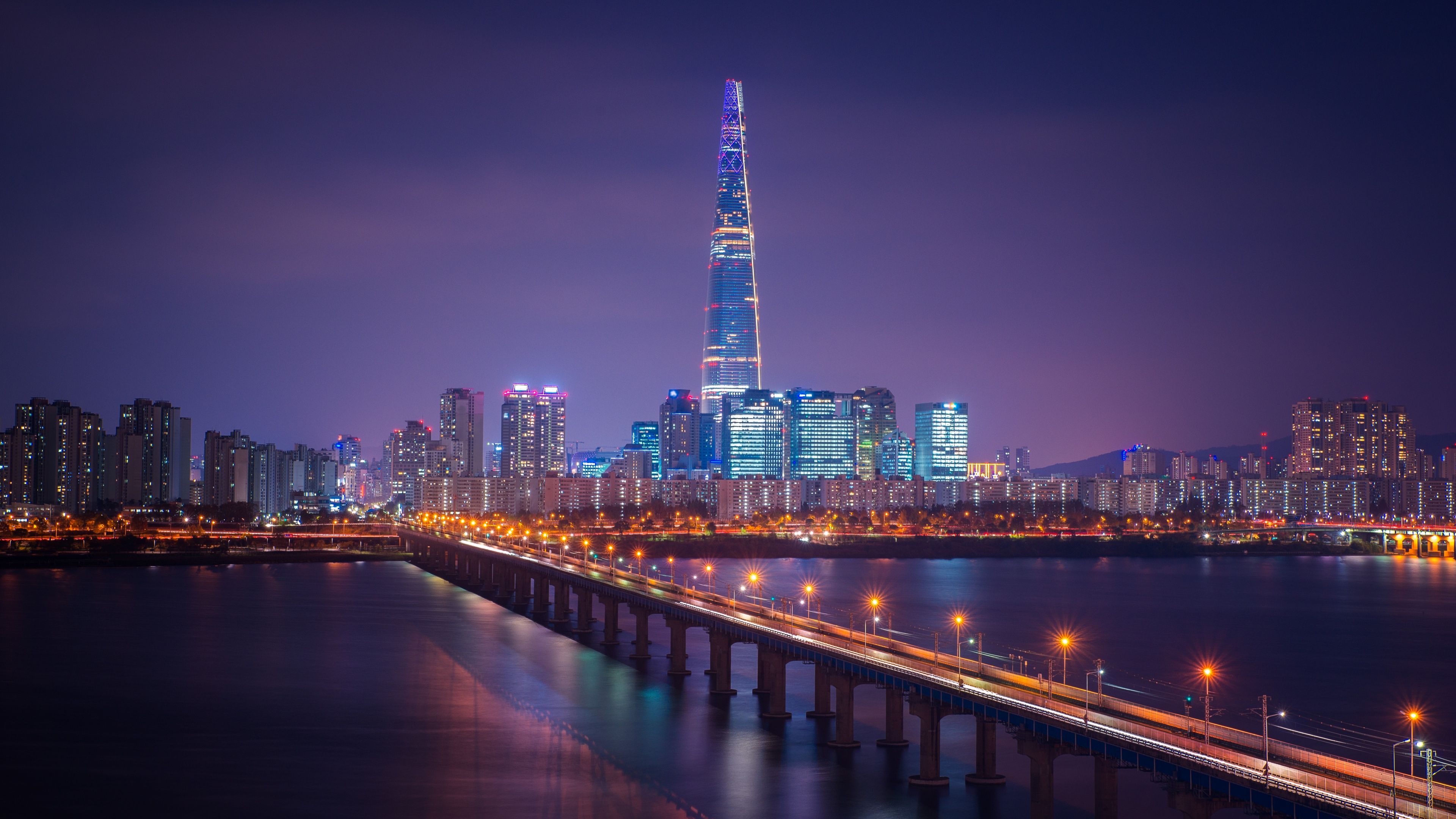 3840x2160 Lotte Tower Wallpaper 4K, Seoul, Cityscape, Bridge, Night