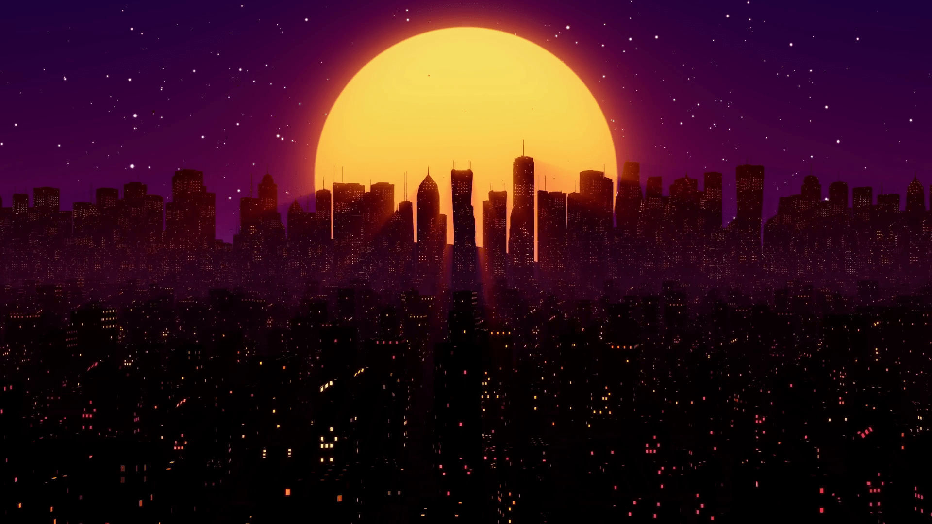 1920x1080 Retro Futuristic Sci Fi Night City Seamless Loop. 80s Synthwave VJ Motion Background With Neon Lights, Sun And Stars. 4K Stylized Vintage Vaporwave Landscape 3D Animation For Videogame And Music Video
