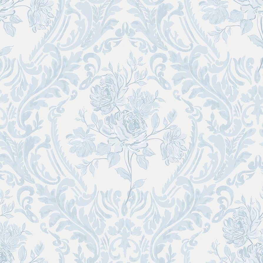 894x894 Ismoon Peel and Stick Wallpaper Vintage Floral Contact Paper Boho Watercolor Blue Damask Wallpaper Textured Removable Self Adhesive Vinyl Wall Paper for Bedroom, 17.3 in X 6.5 ft