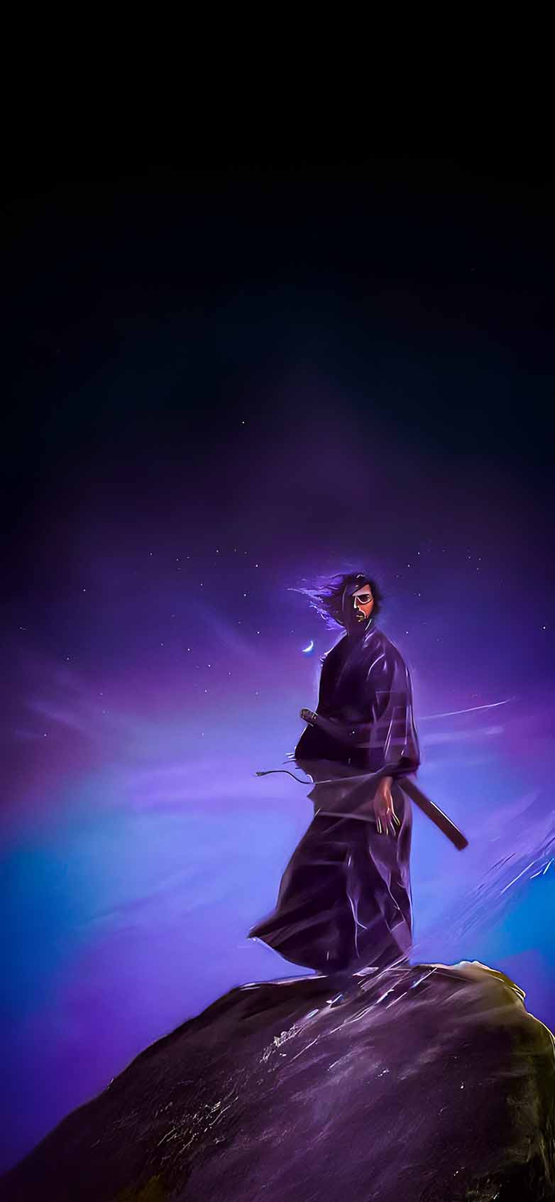 782x1692 Purple Night Samurai on Cliff Fantasy Wallpaper