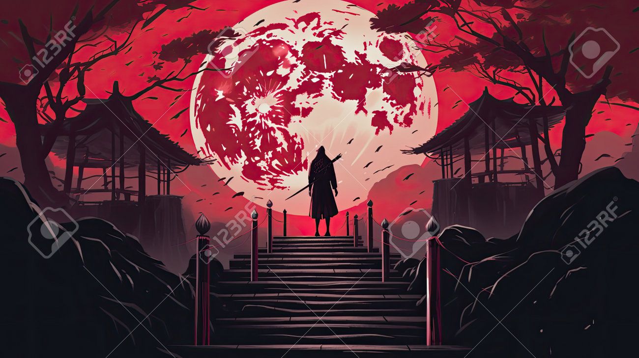 1300x729 A Samurai Standing On Stairway In Night Forest With The Moon On Background. Japanese Samurai. Wallpaper. Generative Ai , Picture and Royalty Free Image. Image 206517796