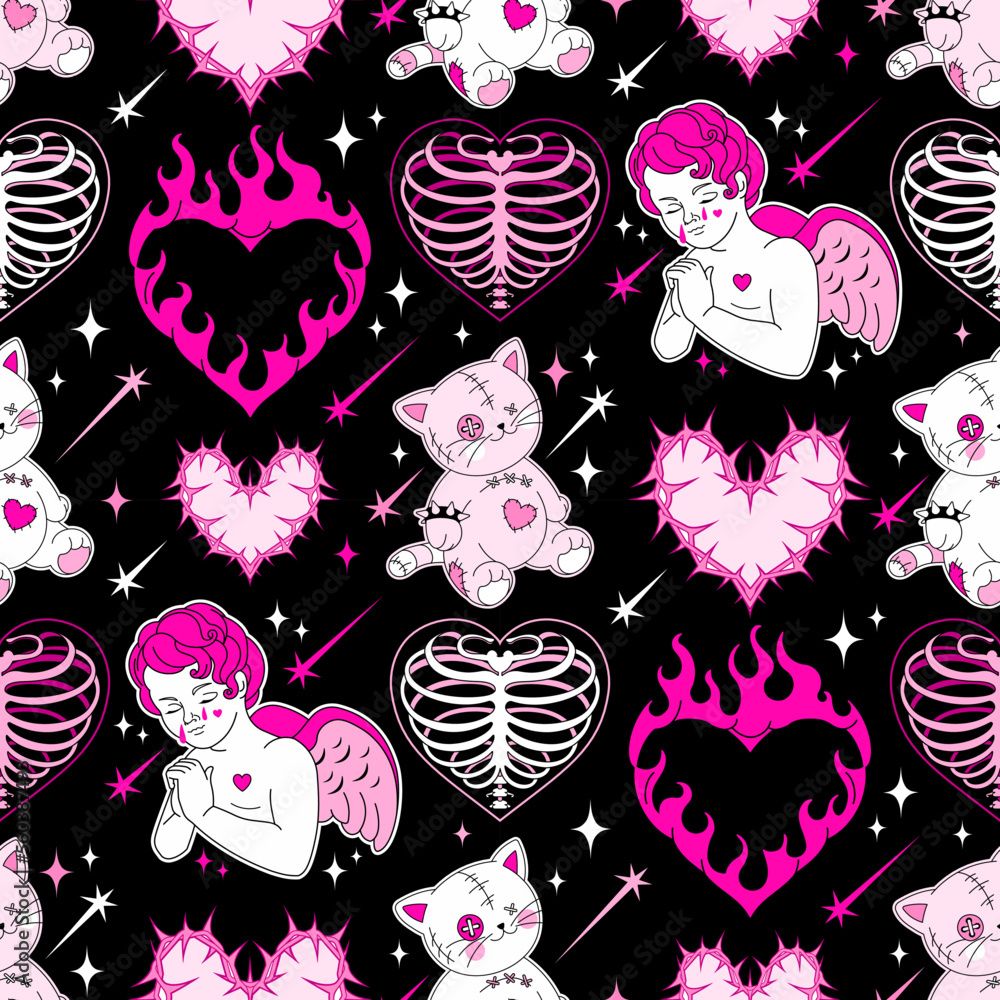 1000x1000 Vector de Stock Gothic glam seamless pattern, wallpaper.Y2k lovestruck emo goth concept.Wire, burn hearts, angel, black and pink goth elements on dark background.Vector cool teen backdrop, fabric.90s, 00s aesthetic