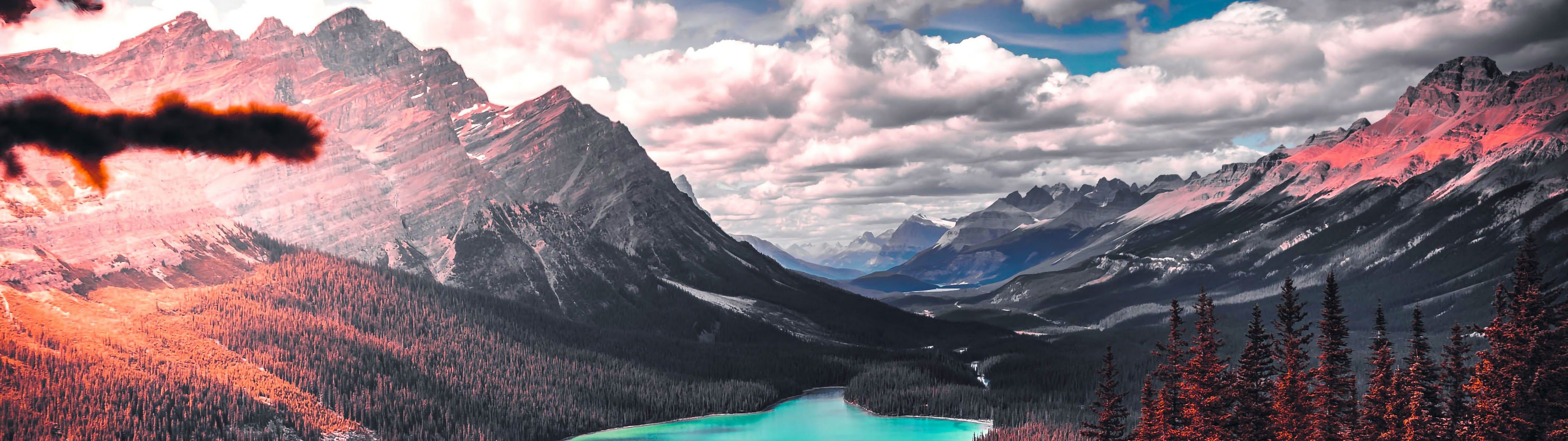 5120x1440 Mountain Lake Nature Forest Landscape Clouds Scenery 4K Wallpaper HD