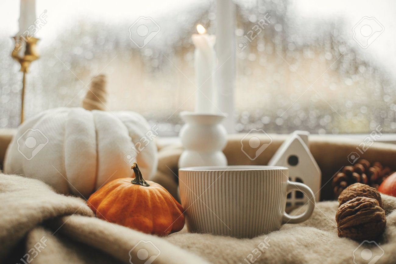 1300x867 Stylish Warm Cup Of Tea, Candle, Pumpkins On Cozy Wool Blanket Against Window With Rain Drops. Moody Fall Wallpaper. Happy Thanksgiving. Autumn Banner. Cozy Autumn Rainy Day , Picture and Royalty
