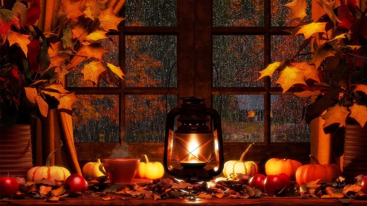1280x720 COZY AUTUMN WINDOW AMBIENCE: Piano Music, Rain on Window Sounds, Crackling Fire