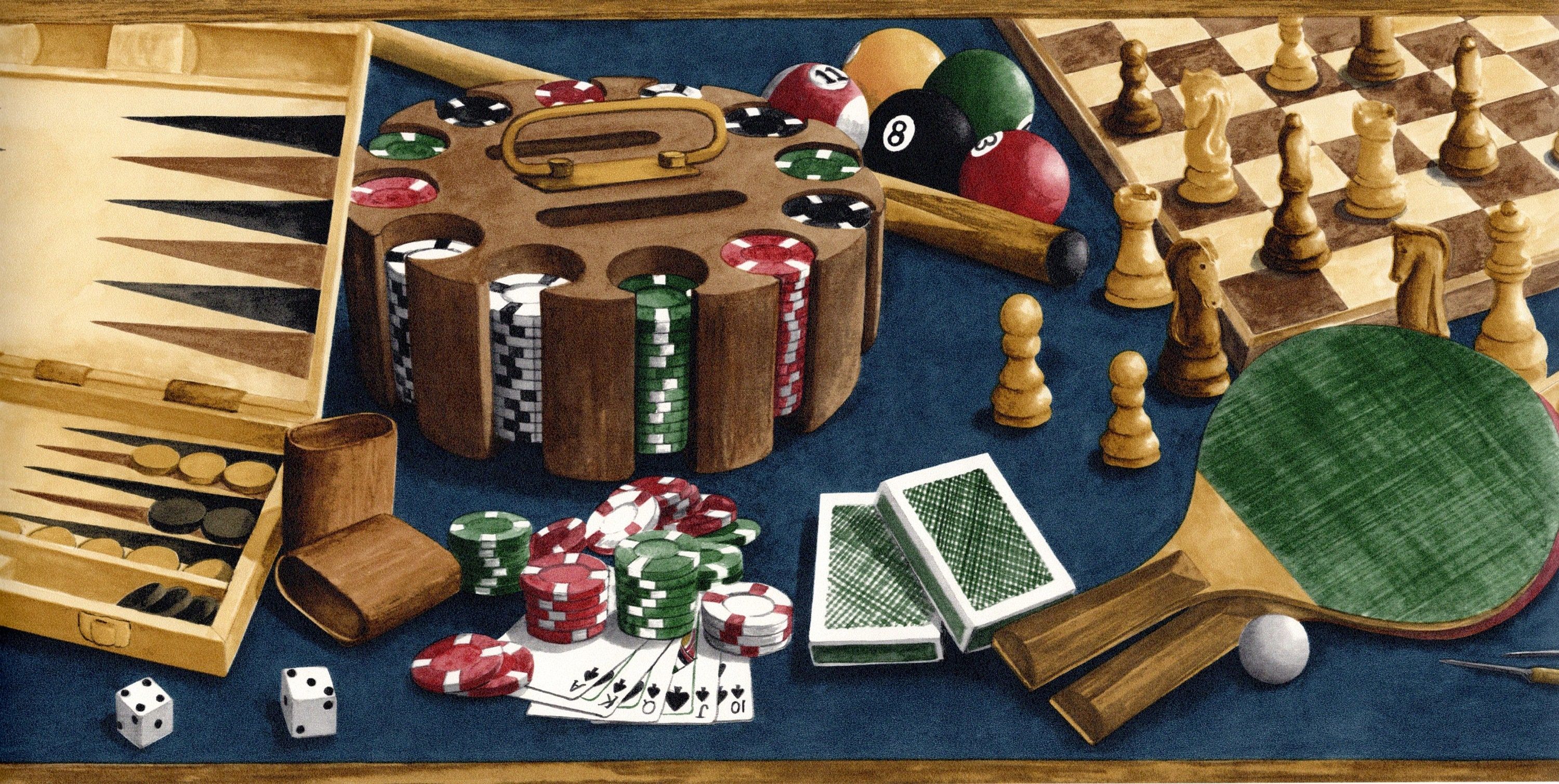 3000x1509 Game Room Wallpaper Border, Pool Dart Card Poker Dice Chess Games Rustic Wallpaper Border, Pre Pasted, 15' X 8.5