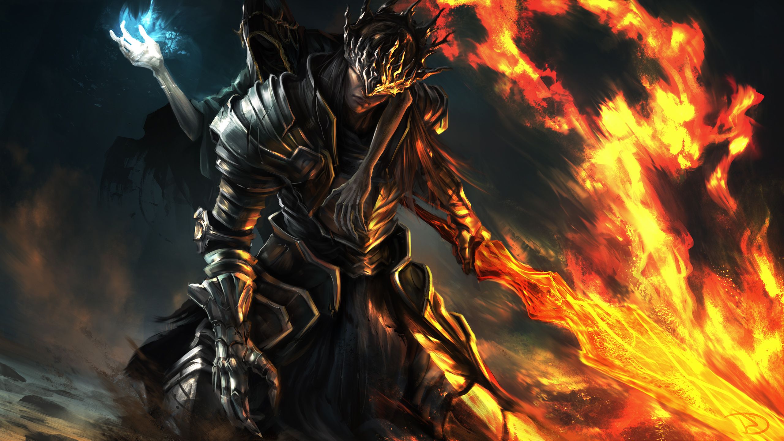 2560x1440 Dark Souls III Lorian HD Wallpaper: Fiery Warrior in Armor by Wojtek Depczyńskix1440