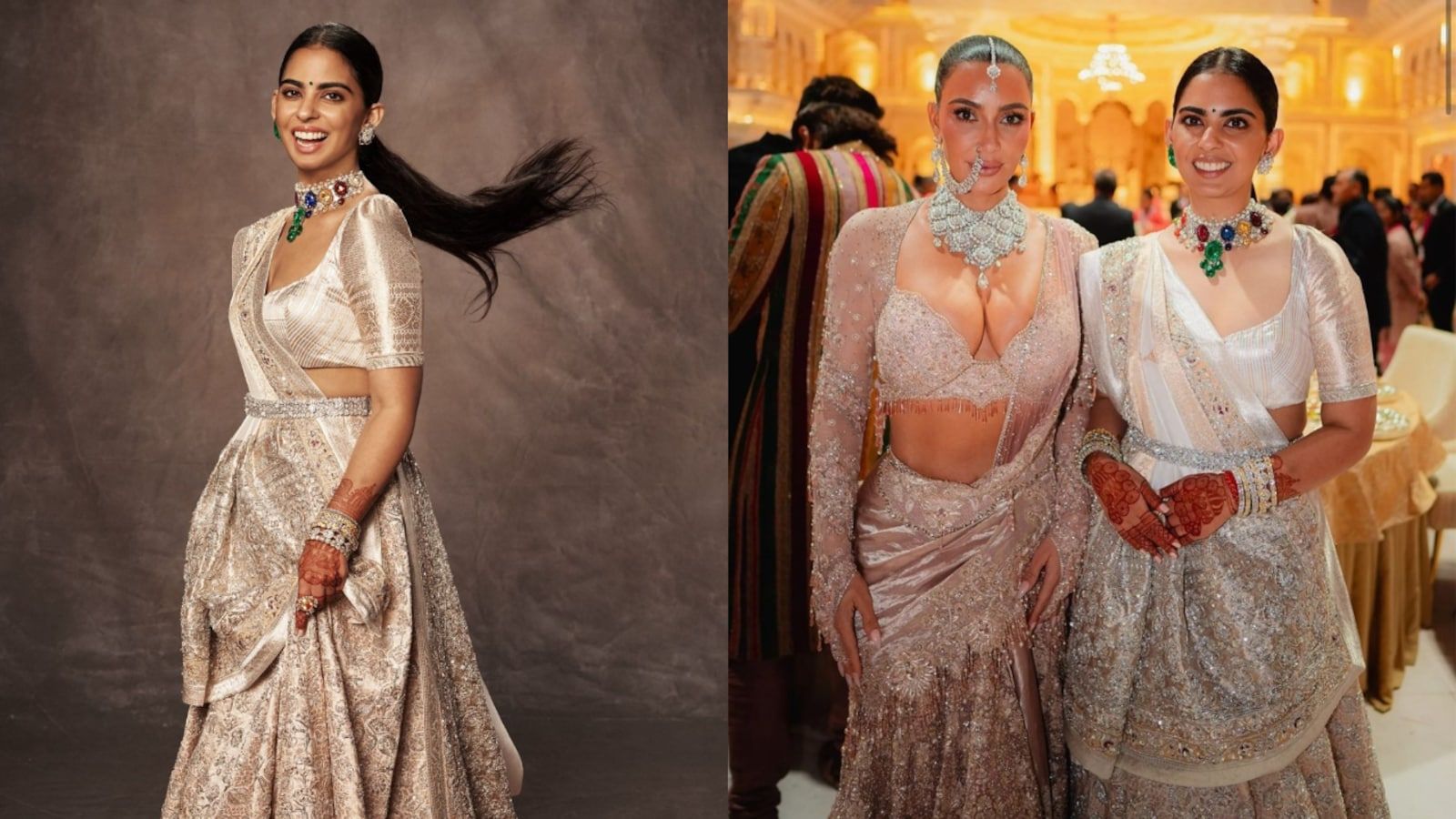 1600x900 Isha Ambani wears Manish Malhotra designed real silver zardozi lehenga at Anant Radhika wedding, poses with Kim Kardashian