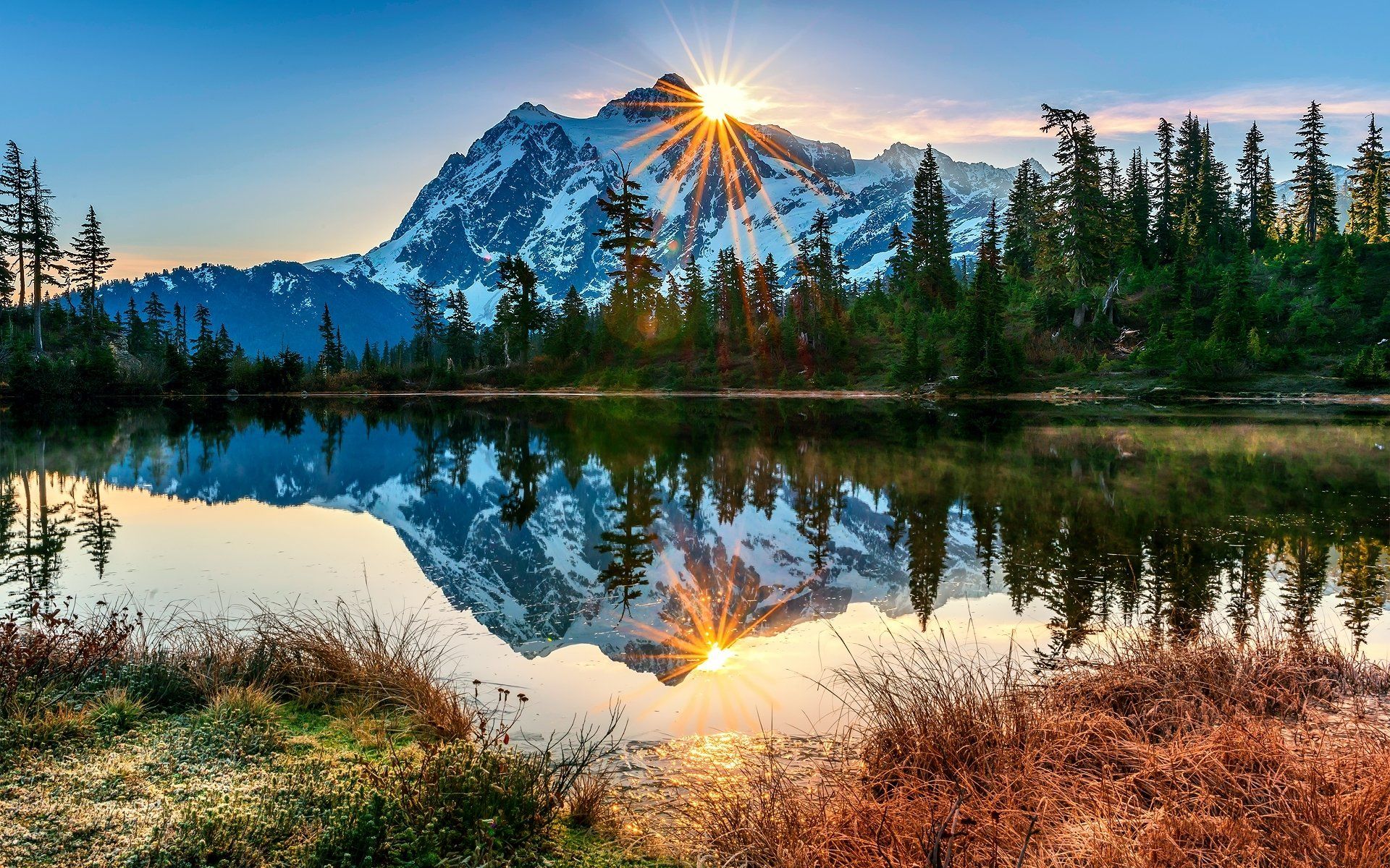 1920x1200 Sunlit Peaks Reflection. Stunning HD Nature Wallpaperx1200