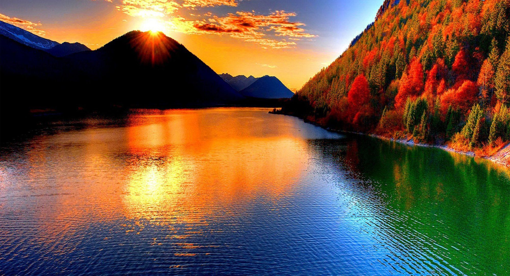 2000x1083 landscape, Sky, Clouds, Sun, Sunset, Mountains, Lake, Forest, Autumn, Color, Beauty, Nature Wallpaper HD / Desktop and Mobile Background