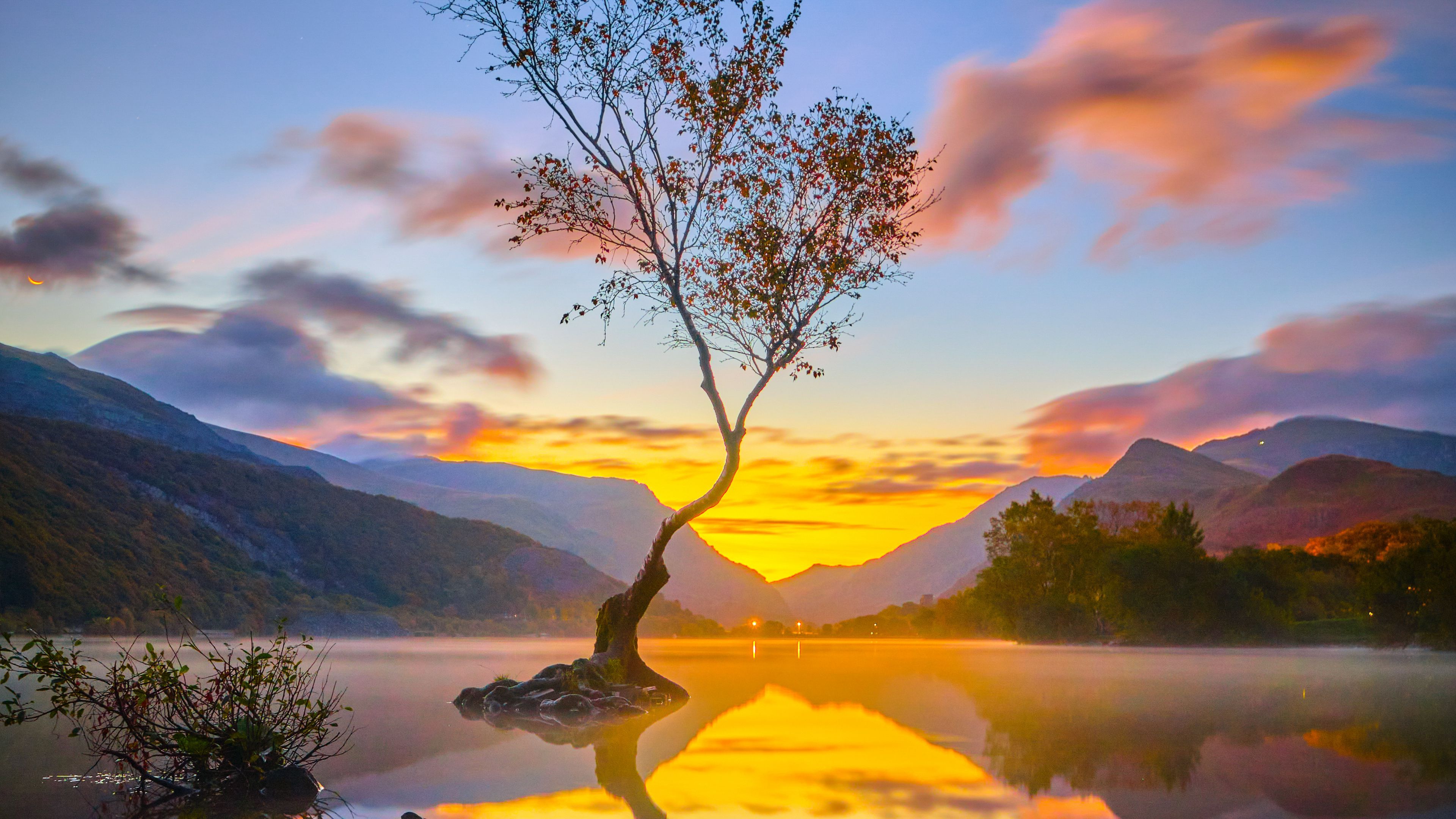 3840x2160 tree water reflection lake nature mountains wallpaper blue sky silhouette background 4K HD Nature Wallpaper