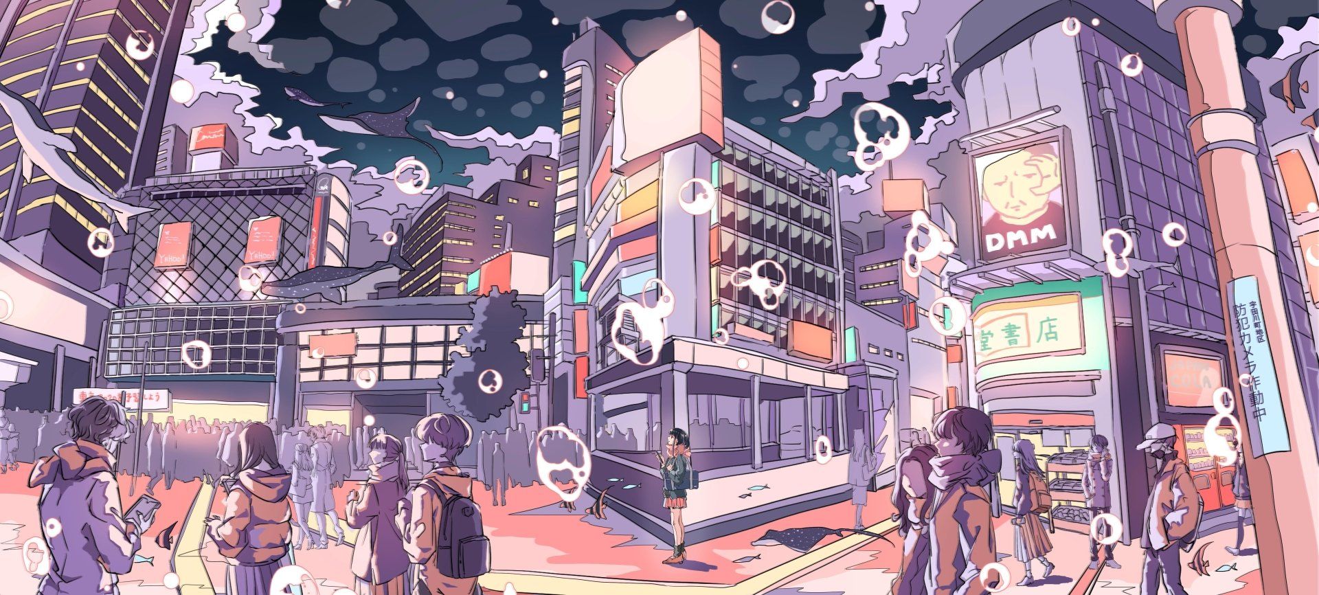 1920x866 Dreamwave Splash: 4K Ultra HD Anime City Underwater Vibes by いちご飴x2796