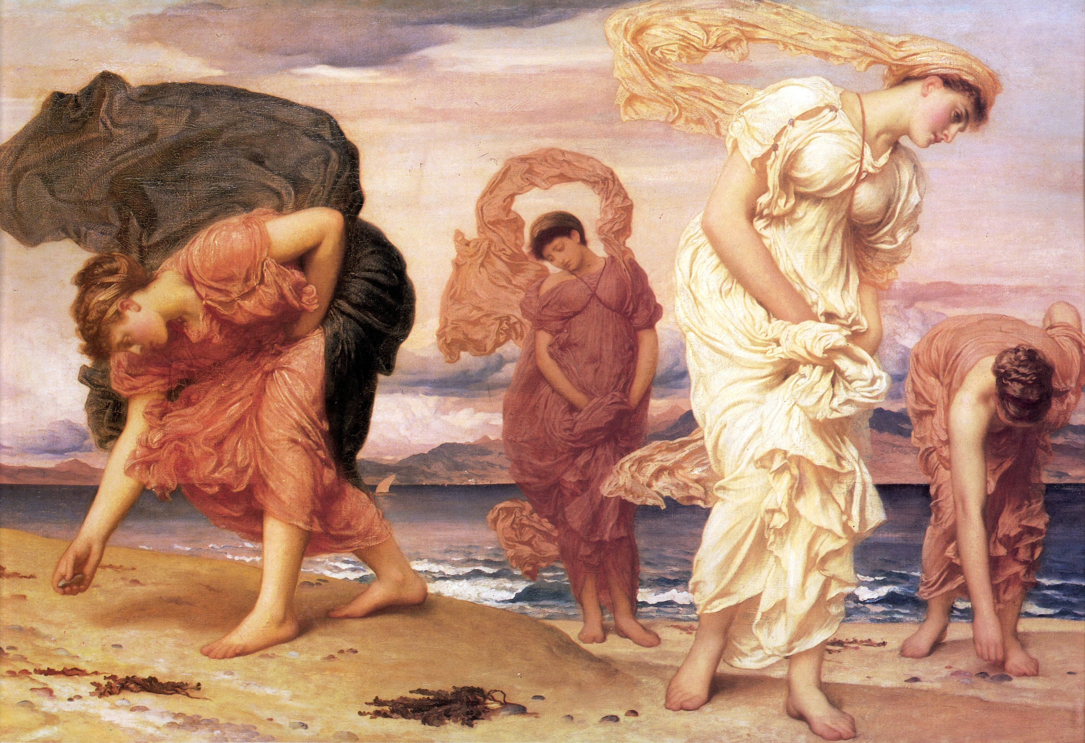 3510x2404 Wallpaper sea, beach, woman, antique, Frederic Leighton, Greek Girls Picking up Pebbles, Greek woman for mobile and desktop, section живопись, resolution 3510x2404