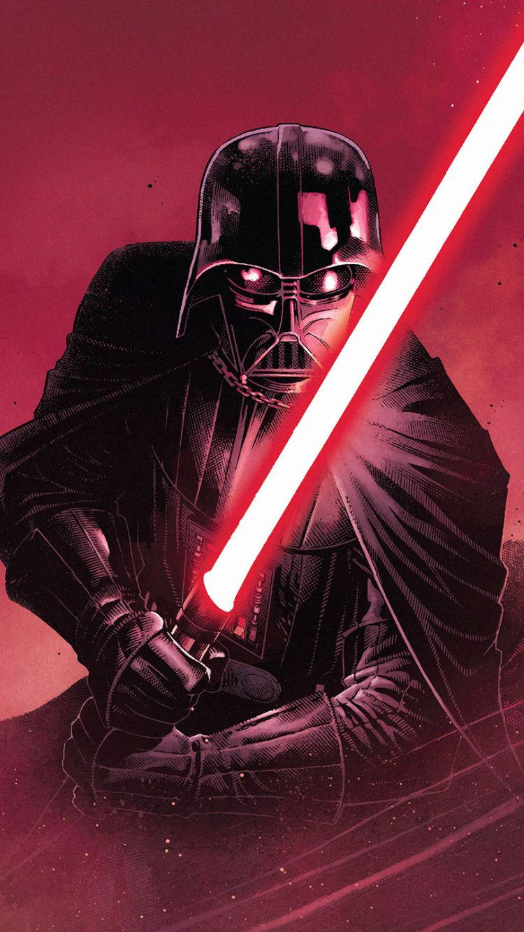 750x1334 Download Darth Vader with His Red Glowing Lightsaber Wallpaper
