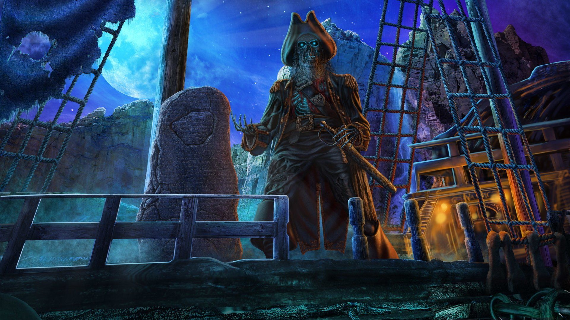 1920x1079 Moonlit Skeleton Pirate: Dark Fantasy Night HD Wallpaper